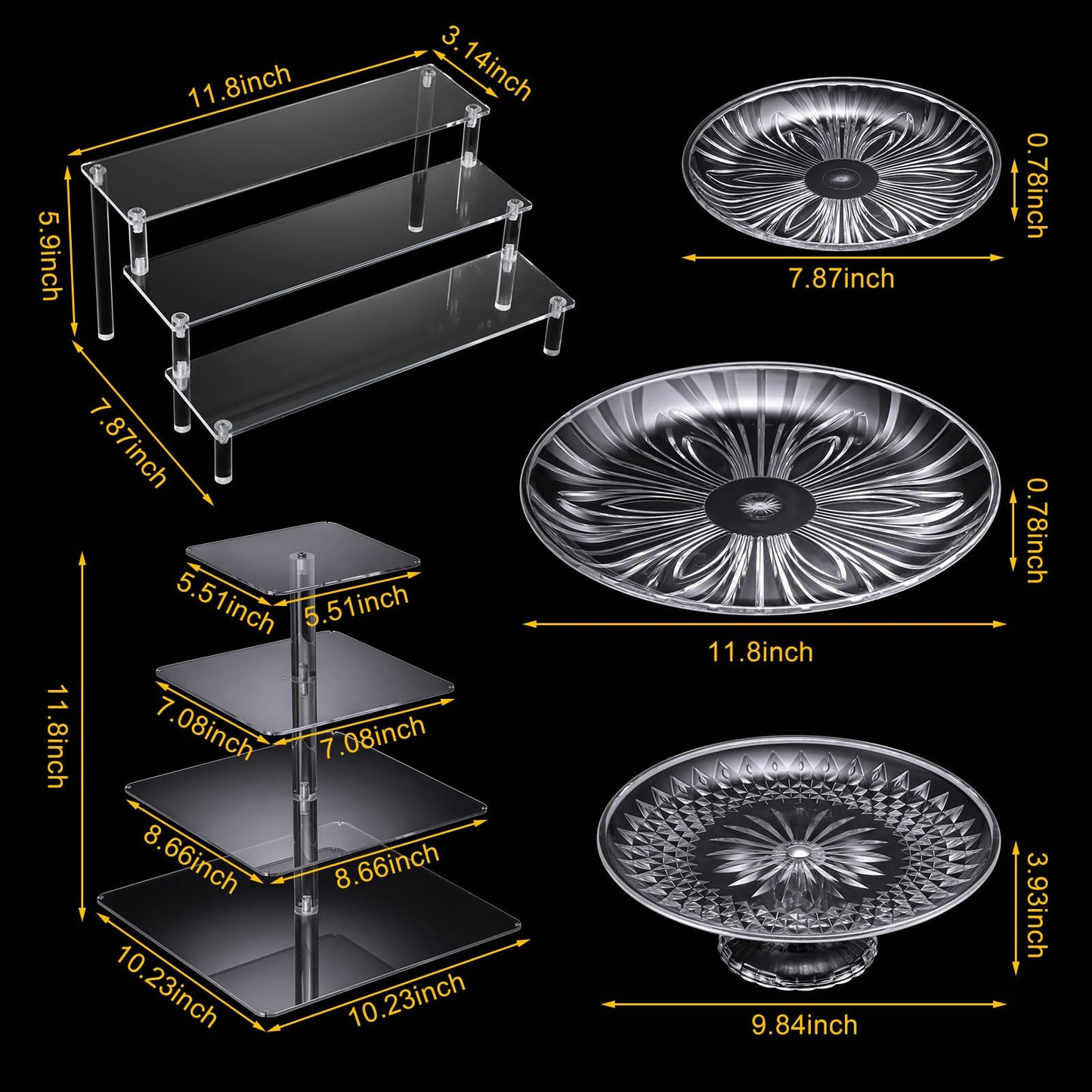 RimCereal 6 Pcs Acrylic Dessert Stands Set Include Display Risers Cupcake Tower and Clear Round Dessert Trays Cake Table Holder for Wedding Baby Shower Decoration(Classic Style)