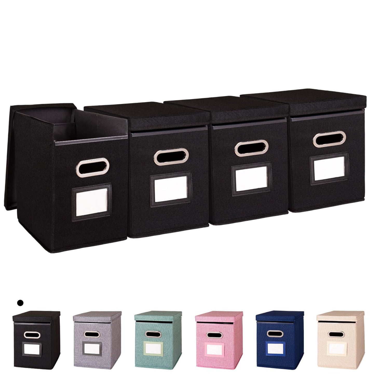 ComfortKeeper 4 Pack Hanging File Folders Organizer with Lid, Letter Size Fabric File Storage Box Collapsible, Portable Office Document Holder with Metal Handle, Smooth PVC Rails, Black