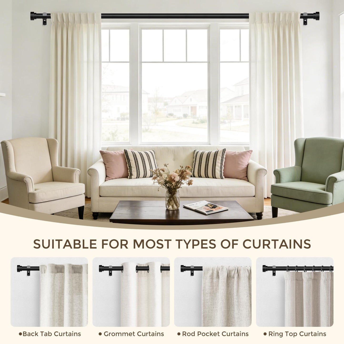 Extra Long Curtain Rods 120 to 170 Inch(10-14ft),1Inch Black Adjustable Extra Long Curtain Rod,Heavy Duty Decorative Window Curtains Rods for Bedroom