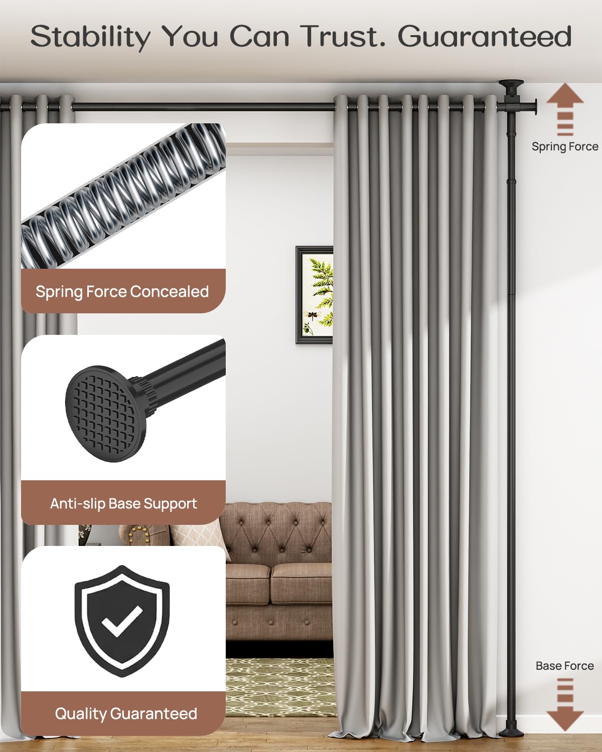 ALLZONE Tension Curtain Rods for Windows, Adjustable 31 to 135 Inch Wide, Freestanding Curtain Rods No Drilling, Apartment Renter Friendly, Heavy Duty, for Room Divider, Doorway, 63 to 130 Inches Tall