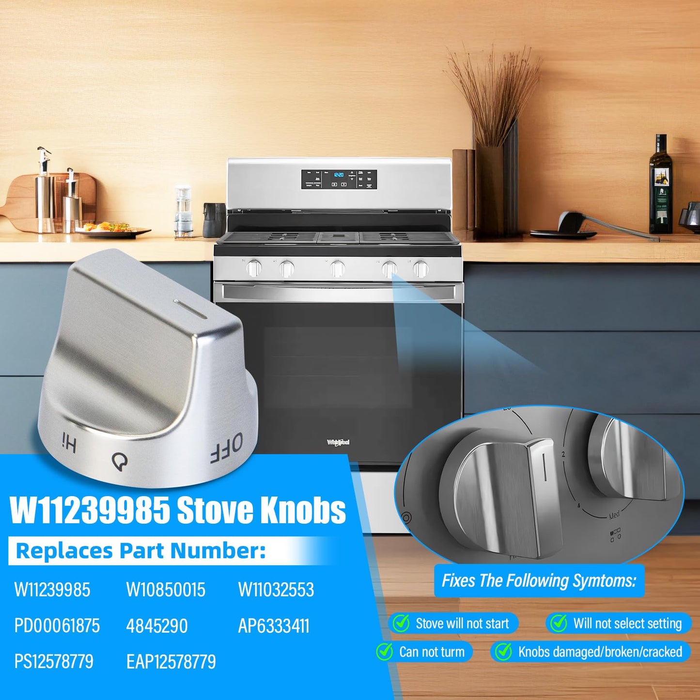Upgraded W11239985 for Whirlpool Stove Knobs Replacement,W11239985 Whirlpool Gas Stove Oven Knobs W10850015 WFG550S0HZ0 WFG525S0JV0 WFG525S0HZ0 WFG525S0HZ1 W11032553 Range Knob (5pcs)