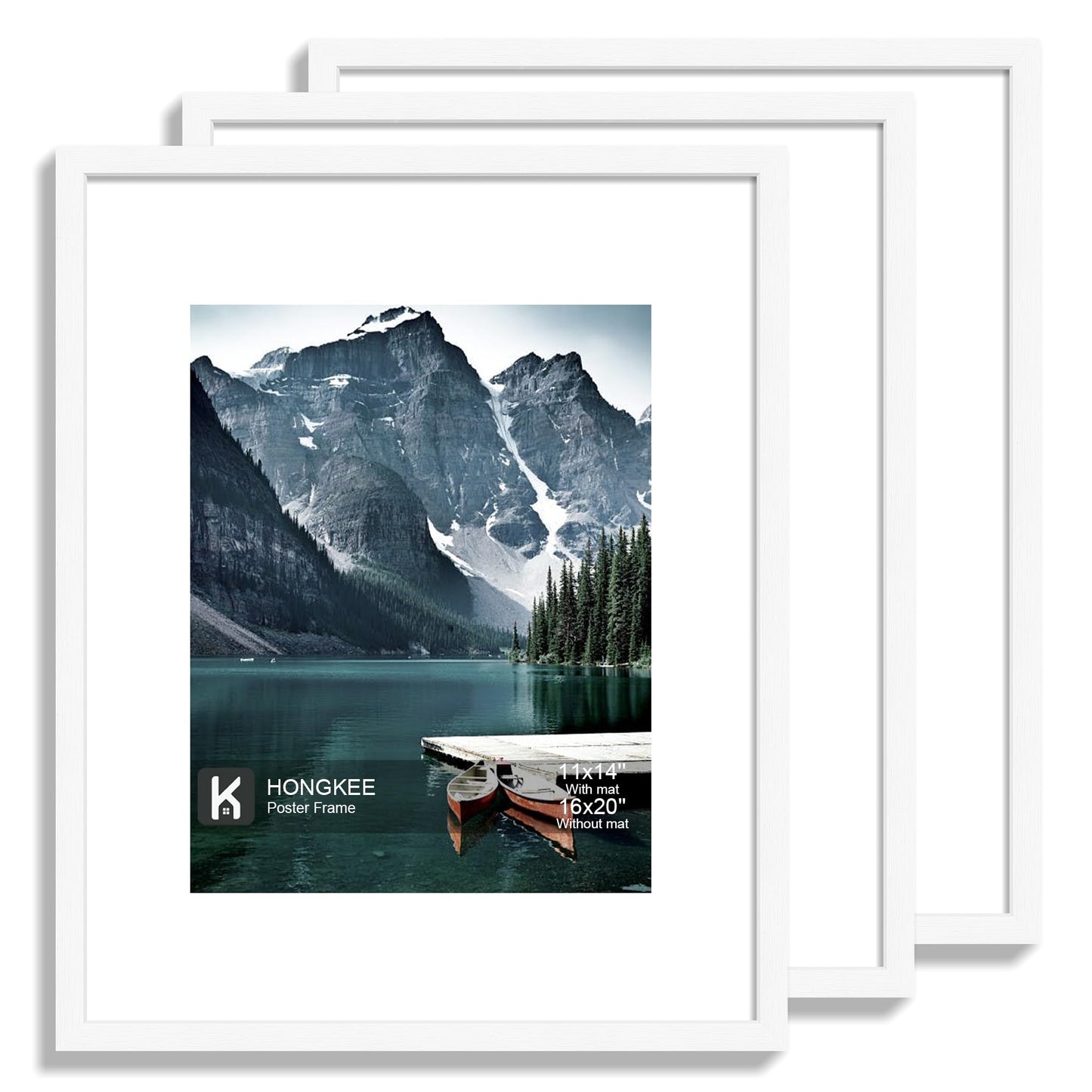 Hongkee 16x20 Frames Set of 3 - Display 11x14 Photo with Mat or 16 x 20 Poster without Mat, Wall Mounting Horizontal and Vertical, White