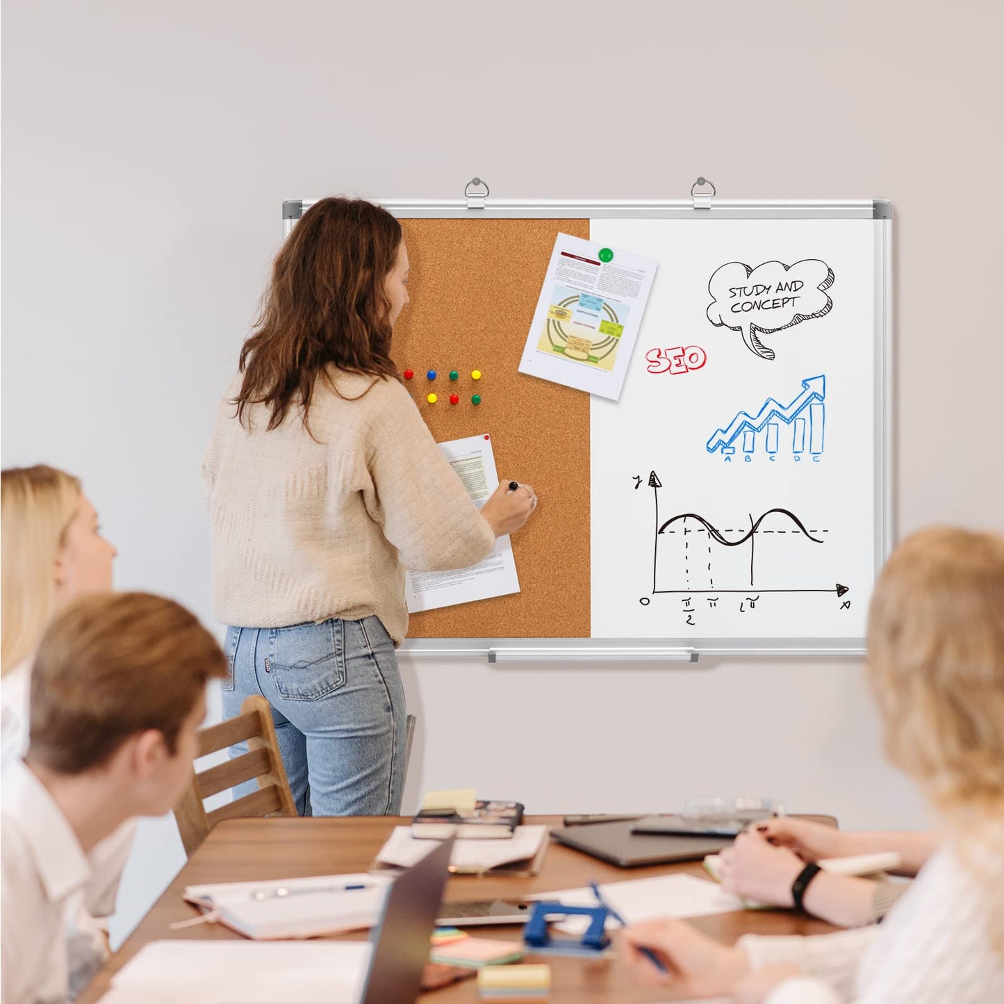 Comix Cork Board Magnetic Dry Erase Board Combo, 36 x 24 Inches Large Whiteboard and Bulletin Board Combination, Aluminum Frame Vision Board with Dry Erase Markers, Magnets, Eraser and Push Pins
