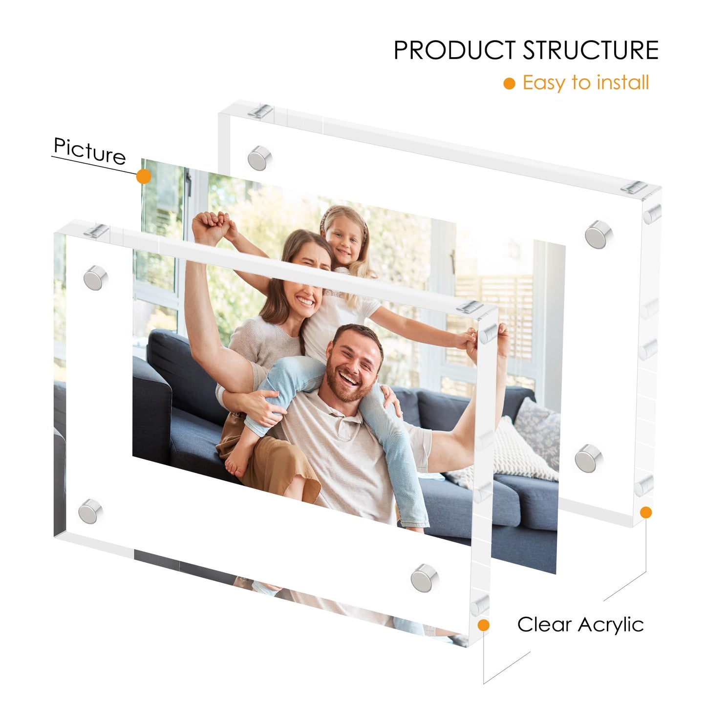 Fisnish 5x7 Acrylic Picture Frame Set of 6, 20mm Thick, Double-Sided Transparent Magnetic Frameless Photo Frame, Desktop Freestanding Display for Office or Home Decor