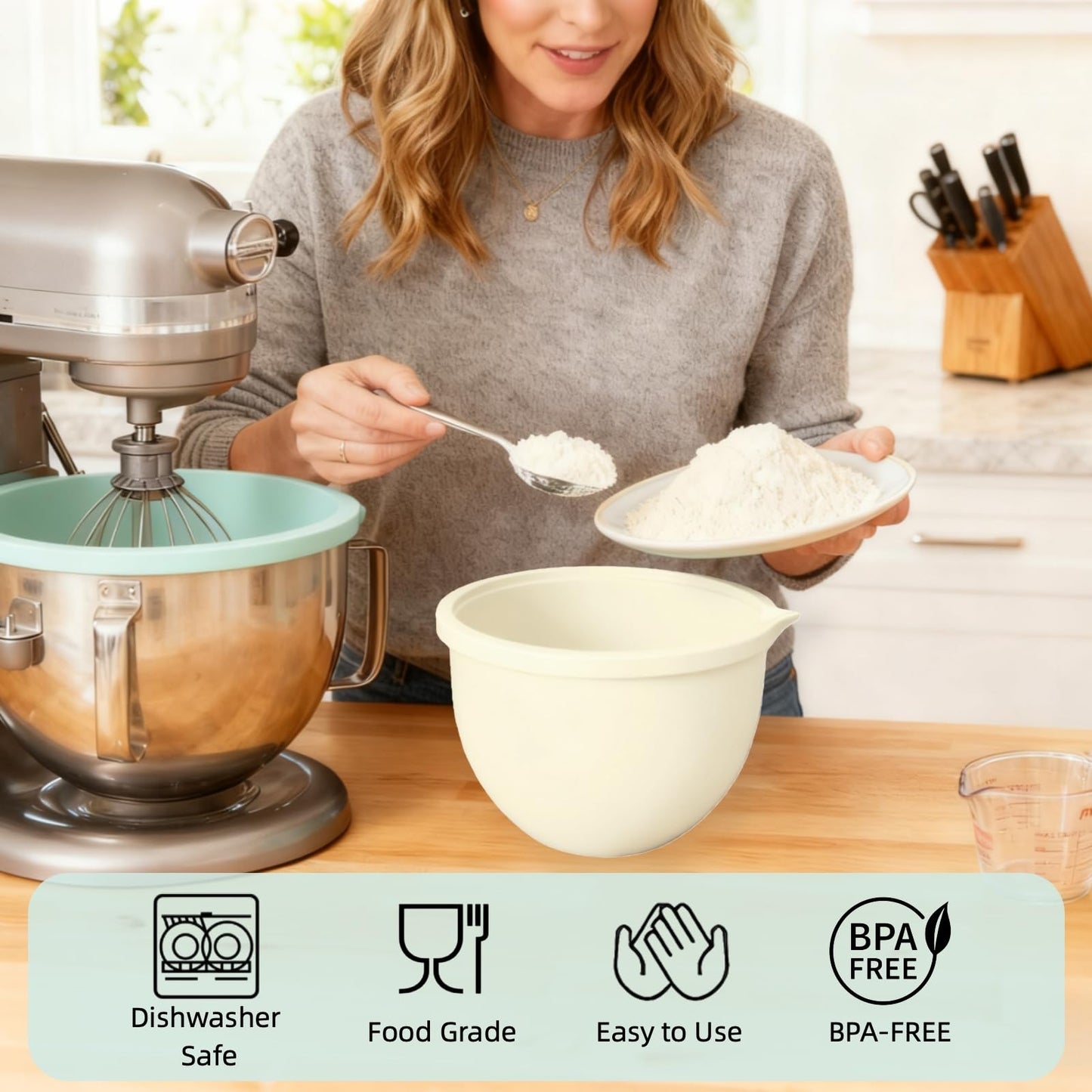 Jorivel 5 Qt 4-Pack Multicolor Silicone Liners with Lids Compatible with KitchenAid Mixer, 2mm Extra-Thick Silicone Bowl Insert for Baking and Cooking, Mixer Parts & Accessories