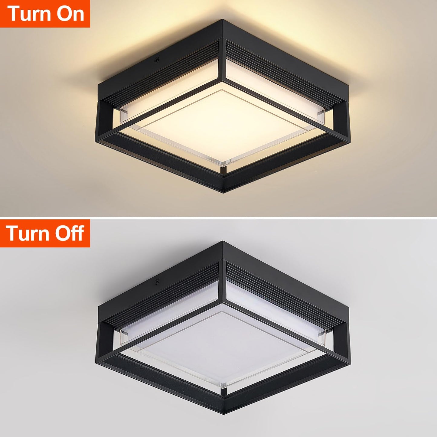 CHENS01 Square Flush Mount Outdoor LED Ceiling Light Fixture, 120V 24W 3000K 9 inch Medium Overhead Porch & Patio Lights Ceiling Mounted, Waterproof Suitable for Wet Areas, Black