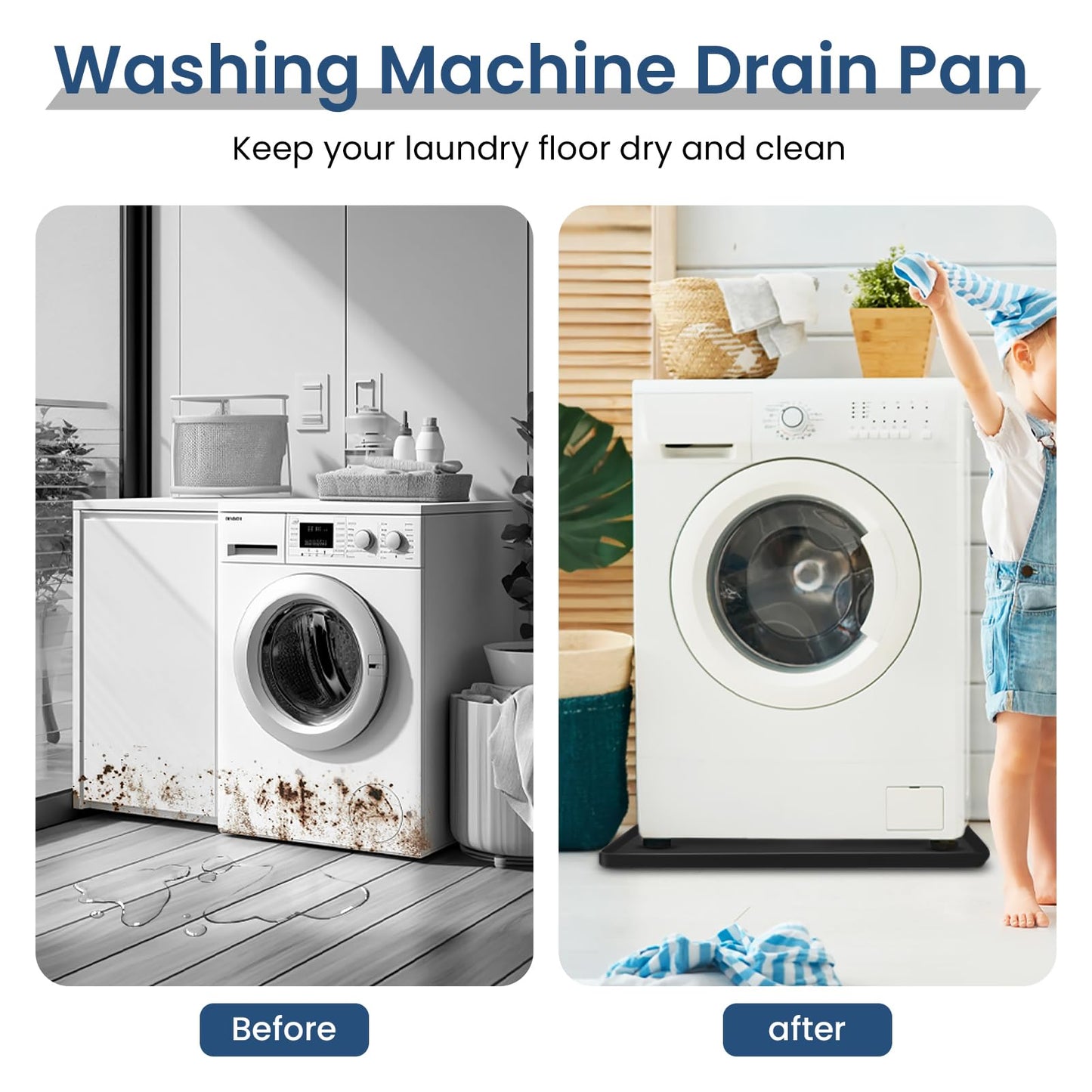 2-Pack Silicone Washing Machine Drip Pan - 27X27 inch Washing Machine Tray with Raised Edge, Non-Slip Trays for under Washer and Dryer, Washer Tray for Floor Protection, Washer Drain Pan (Black)