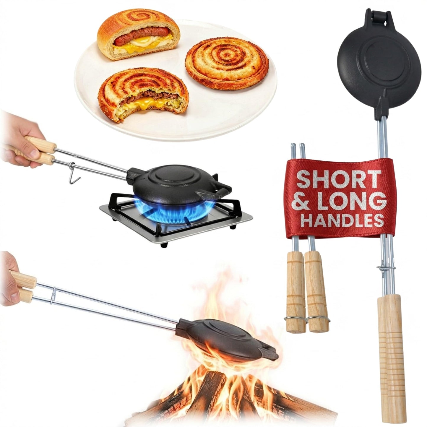 Cast Iron Sandwich Maker with Swappable Handles (10" & 15") also Ideal as Disquera De Pan Cubano Redondo | High Quality Hobo Pie Maker for Camping to Make Tasty Sandwiches