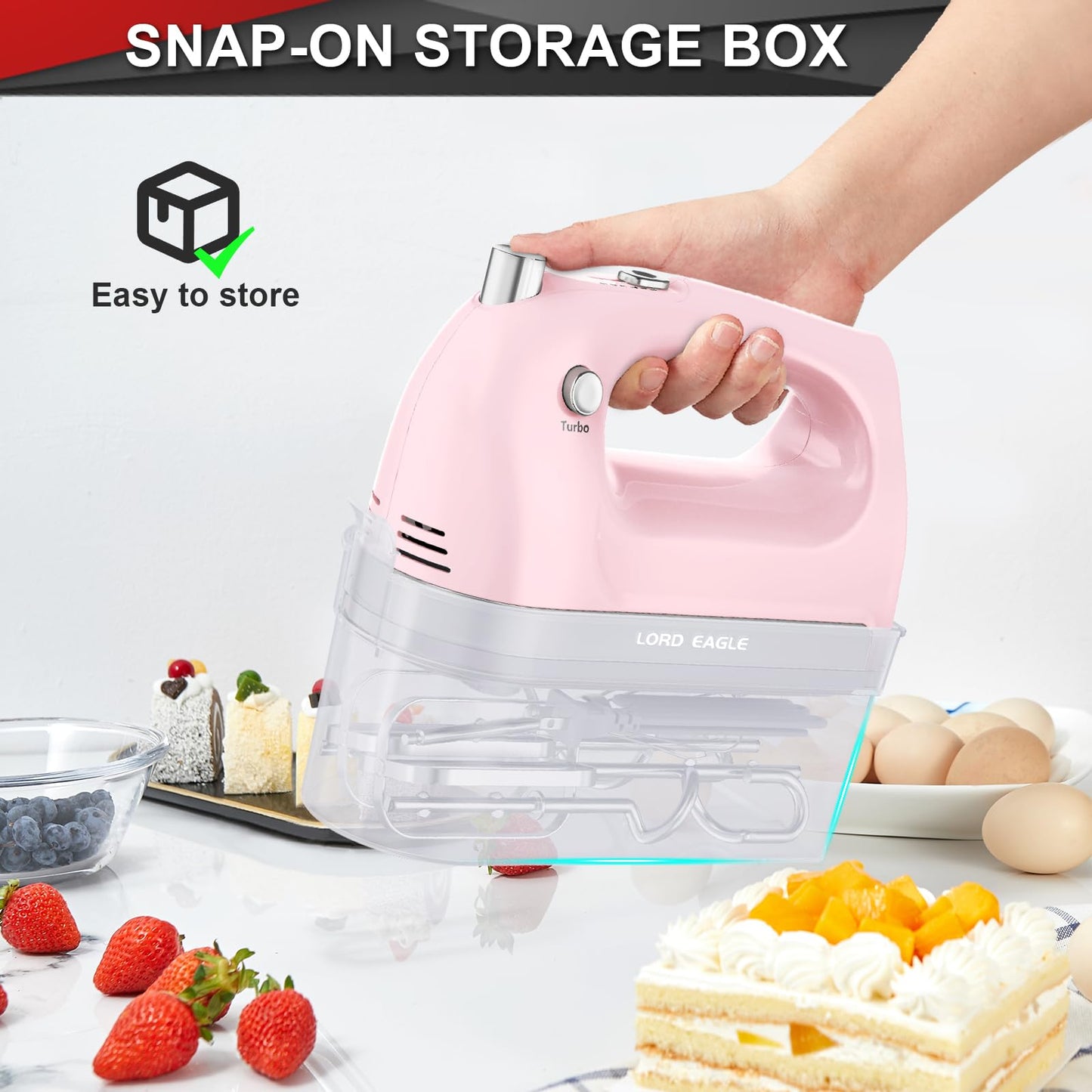 Lord Eagle Hand Mixer Electric Handheld 400W, 5-Speed Lightweight Kitchen Mixer with Storage Case, 5 Stainless Steel Attachments for Baking Cake Egg Cream Food Beater, Turbo+Eject Button, Pink