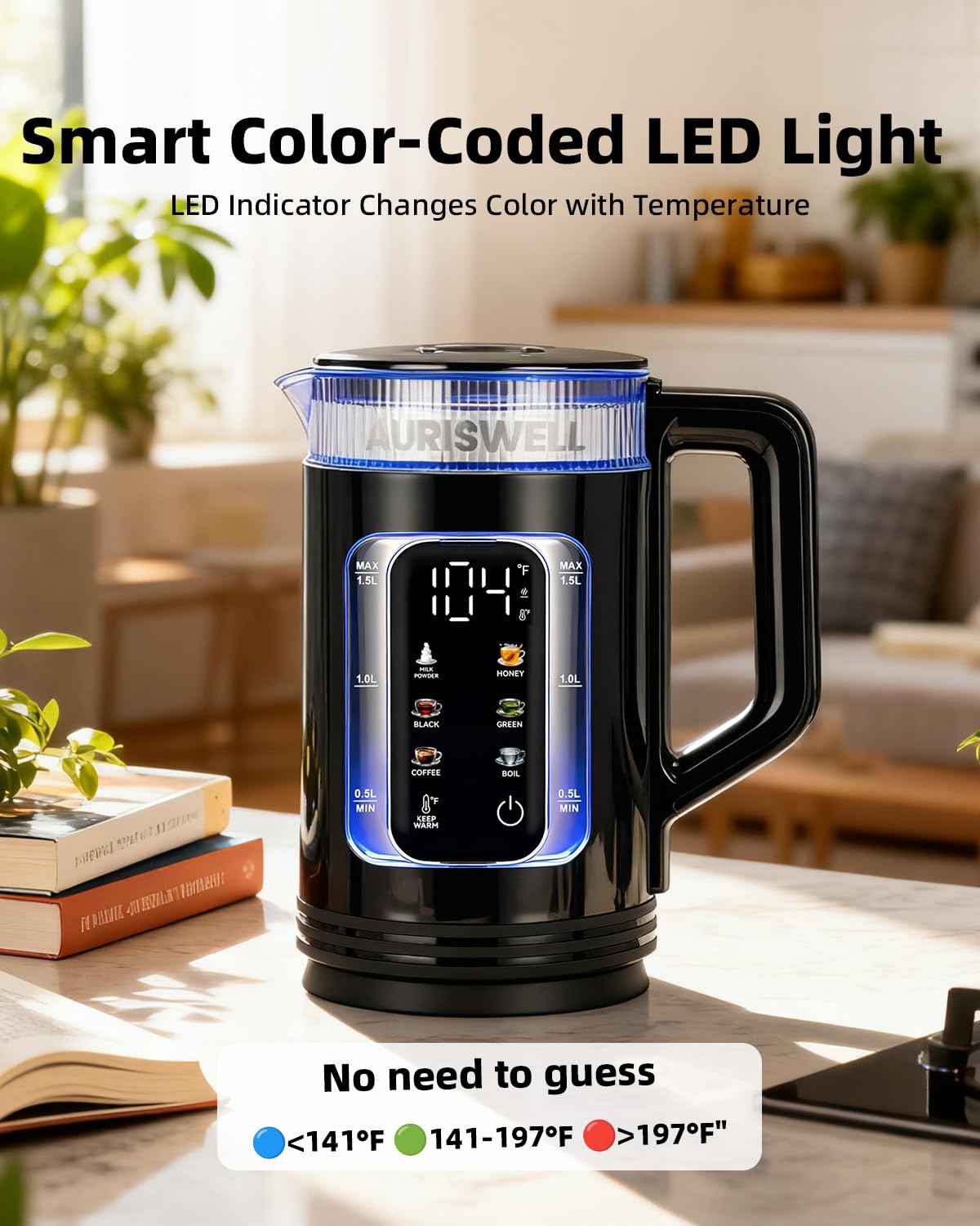 Auriswell Electric Tea Kettle with Temperature Control, Glass smart Water Boiler for Tea, Coffee & Boil, Automatic Shut Off, 12h Keep Warm & One-Touch 6 Presets