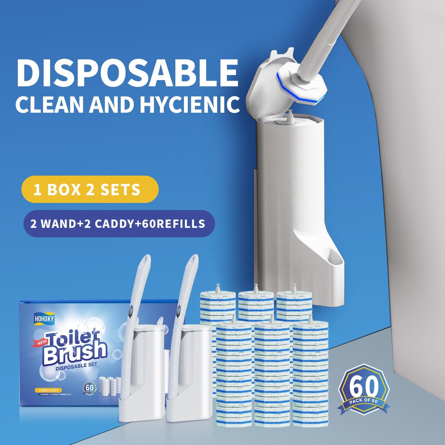Hohoky Disposable Toilet Brush Cleaning System, Two Sets of Wands and 60p Refills Pads Replacement Heads, Wall Mounted Toliet Stick Wand Starter Kit Bathroom Maintenance, Toilet Bowl Cleaner Holder