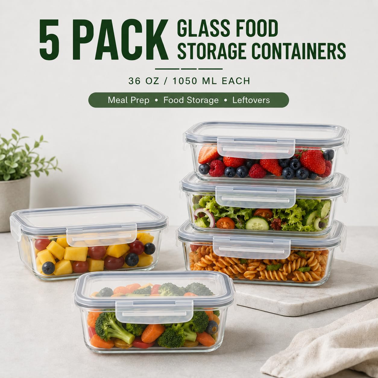 5 Pack 36oz Borosilicate Glass Food Storage Containers Set with Lids, Freezer Meal Prep Containers, Airtight Bento Lunch Container Set, Oven, Freezer and Dishwasher Safe, BPA Free, Kitchen Storage Set