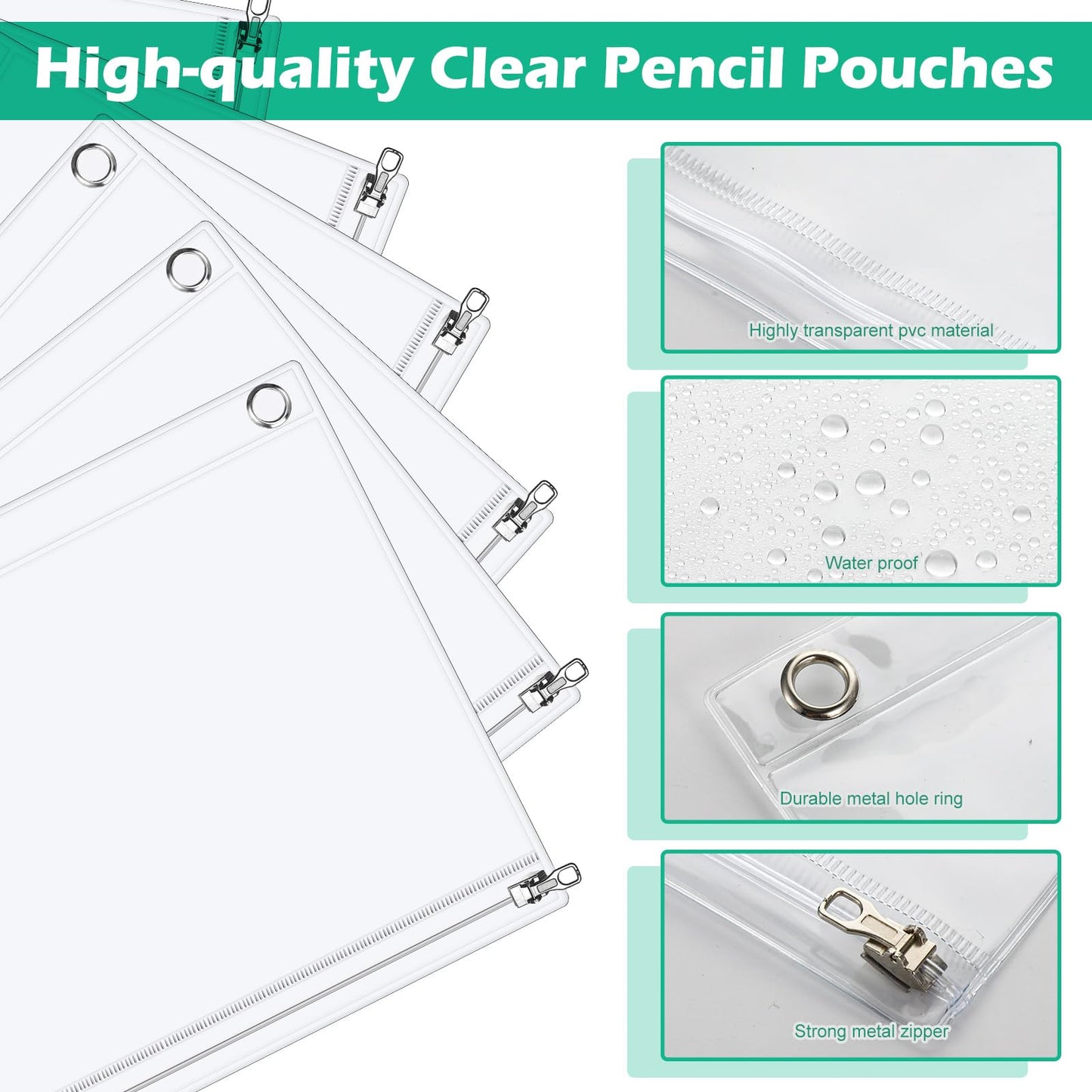 Lincia 48 Pack Clear Pencil Pouch for 3 Ring Binder Pencil Case with Zipper 3 Ring Binder Pocket Insert Bag 10 x 7'' Visible Cash Envelope with Re-enforced Grommet for Office (Clear)