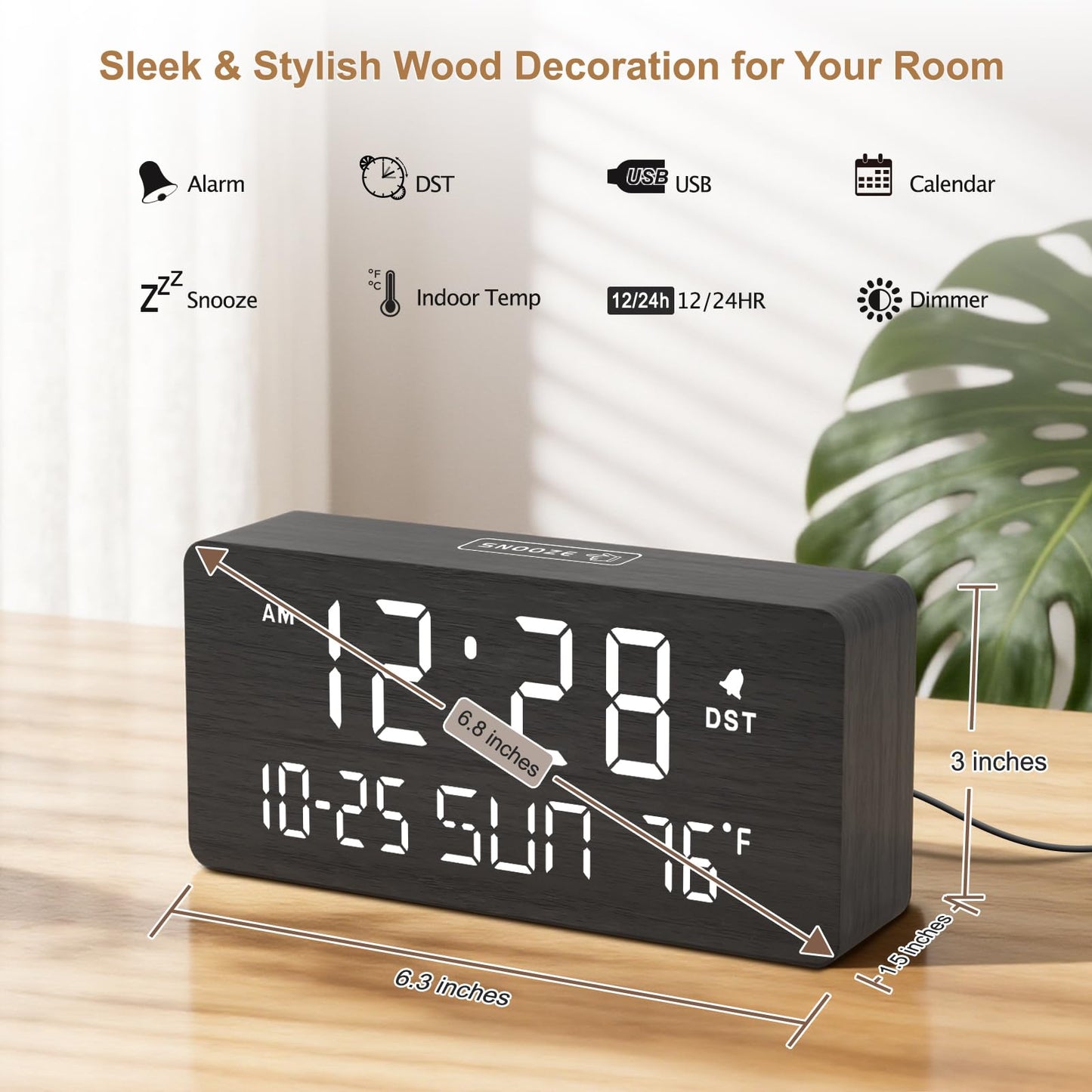 DreamSky Wooden Digital Alarm Clocks for Bedrooms - Living Room Desk Clock with Date and Day of Week, Temperature, USB Port, Dimmer Wheel, Adjustable Volume, Auto DST, Wood Decor for Office Table