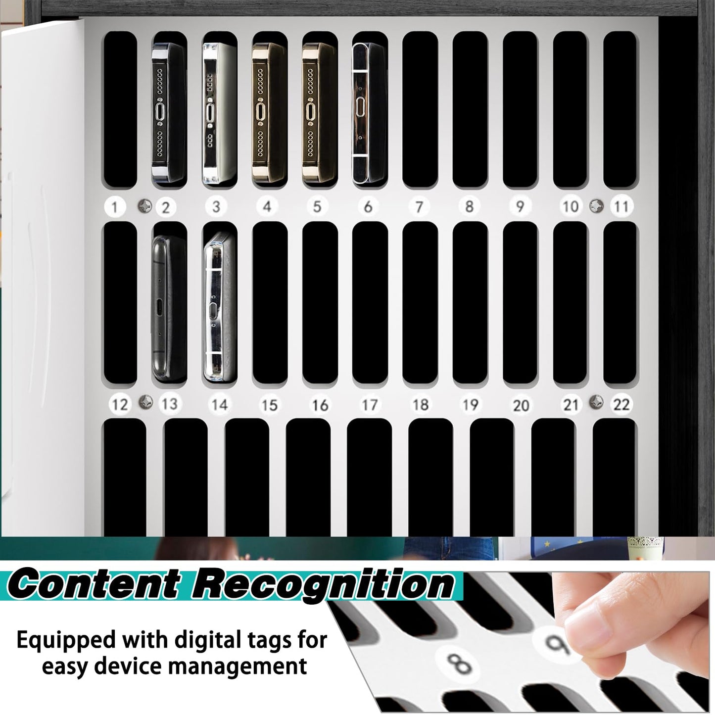 HZE Cell Phone Holder Classroom, 31 Slots, Wooden, Cell Phone Lock Box Pocket Chart with Handle and Security Lock for Storage and Organizer for Teacher, School (Black)