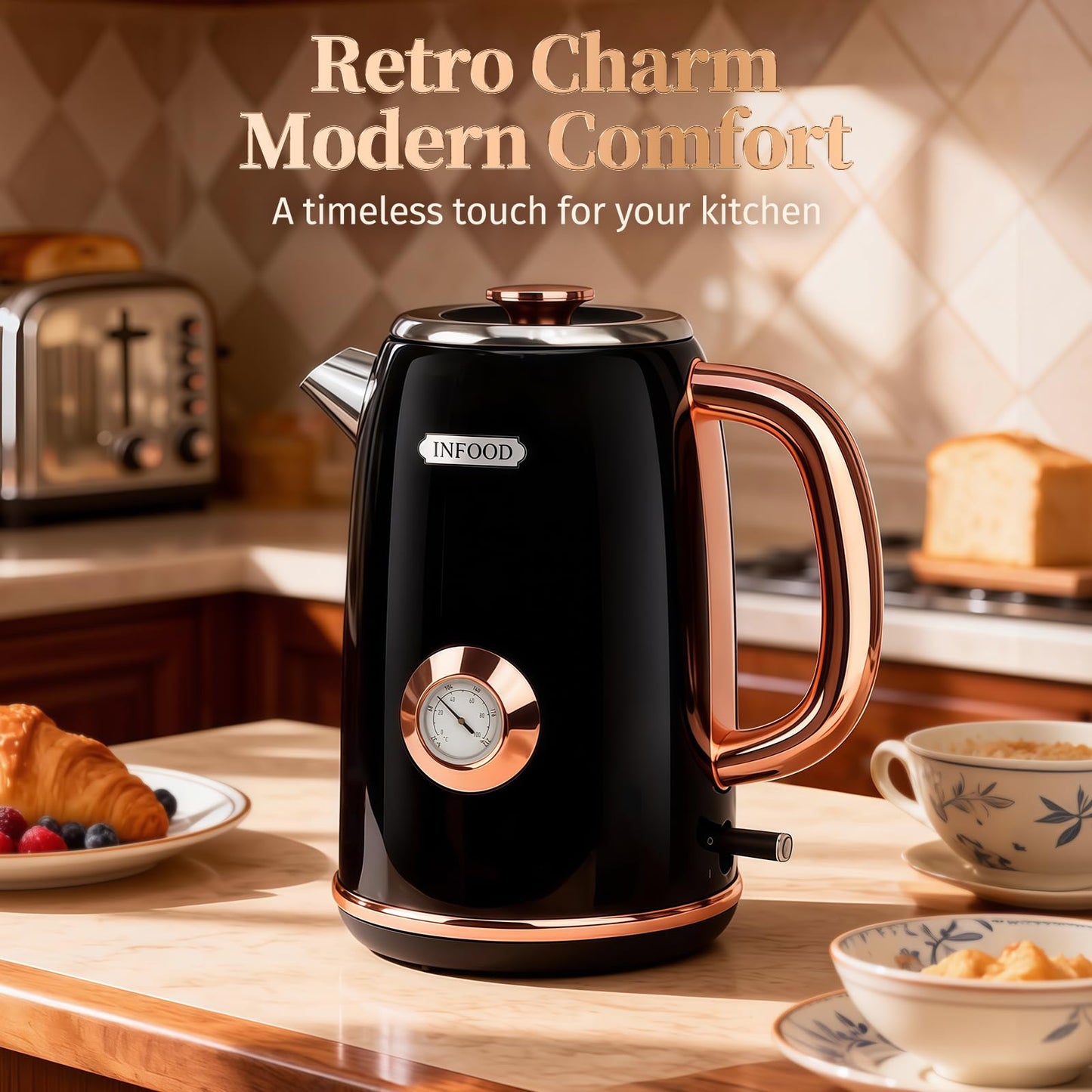 INFOOD Retro Electric Kettle 1.7L/57oz with Thermometer - 1500W Fast Boiling Stainless Steel Hot Water Tea Kettle, BPA-Free, Cordless, Auto Shut-Off, Boil-Dry Protection, Black
