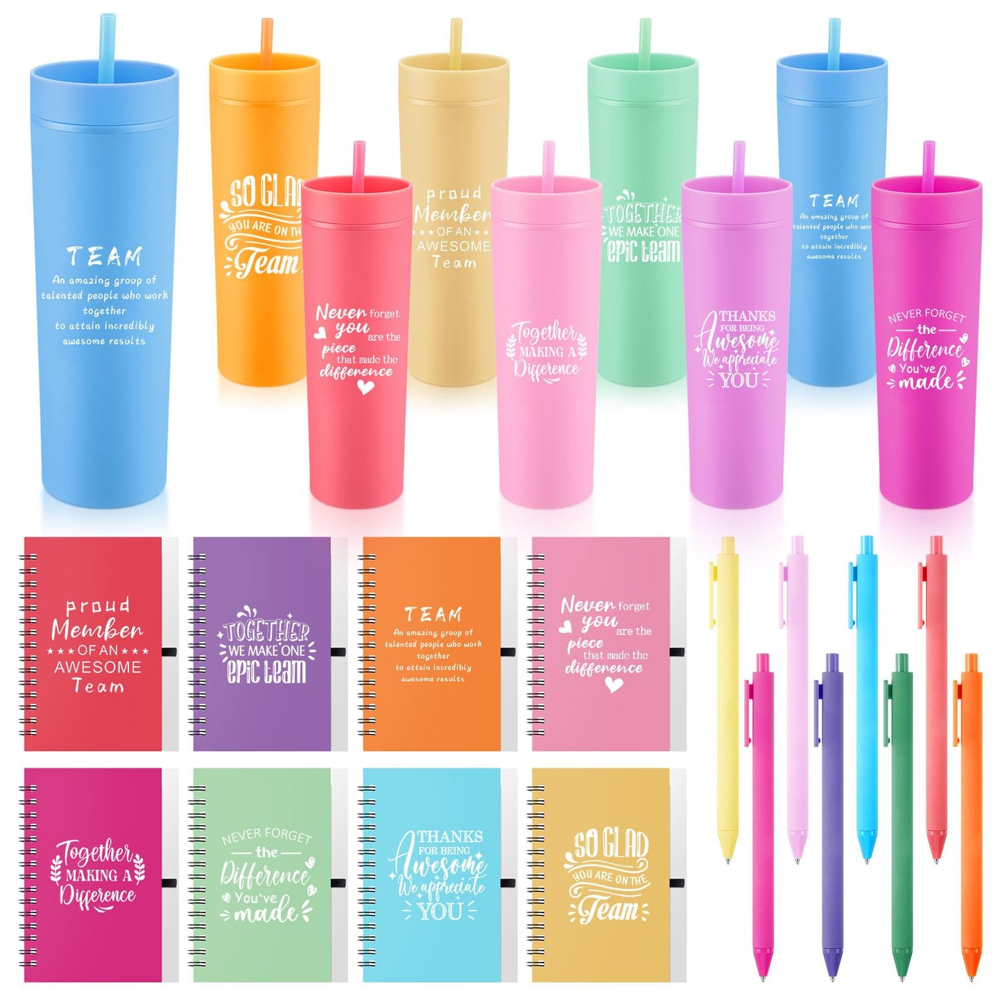 Honeydak 8 Set Appreciation Gifts for End of Year, Thank You Tumblers Bulk with Lids and Straws 16 oz Plastic Coffee Cups with Notebooks Pens for Graduation Teacher Employee Coworker(Bright,Proud)