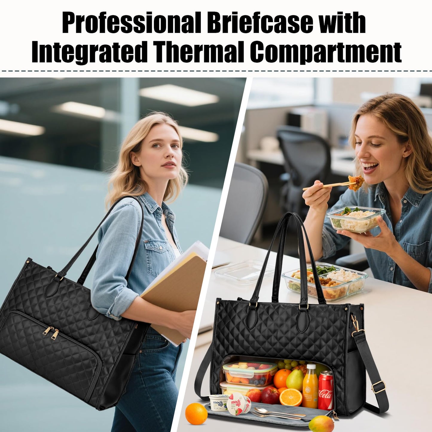 KKXIU Updated 2-in-1 Insulated Lunch Bag & 15.6 Inch Laptop Tote for Women, Large Capacity Thermal Meal Bag with Padded Laptop Compartment, Quilted Work Bag for Office, Teacher, Commuter (Black)