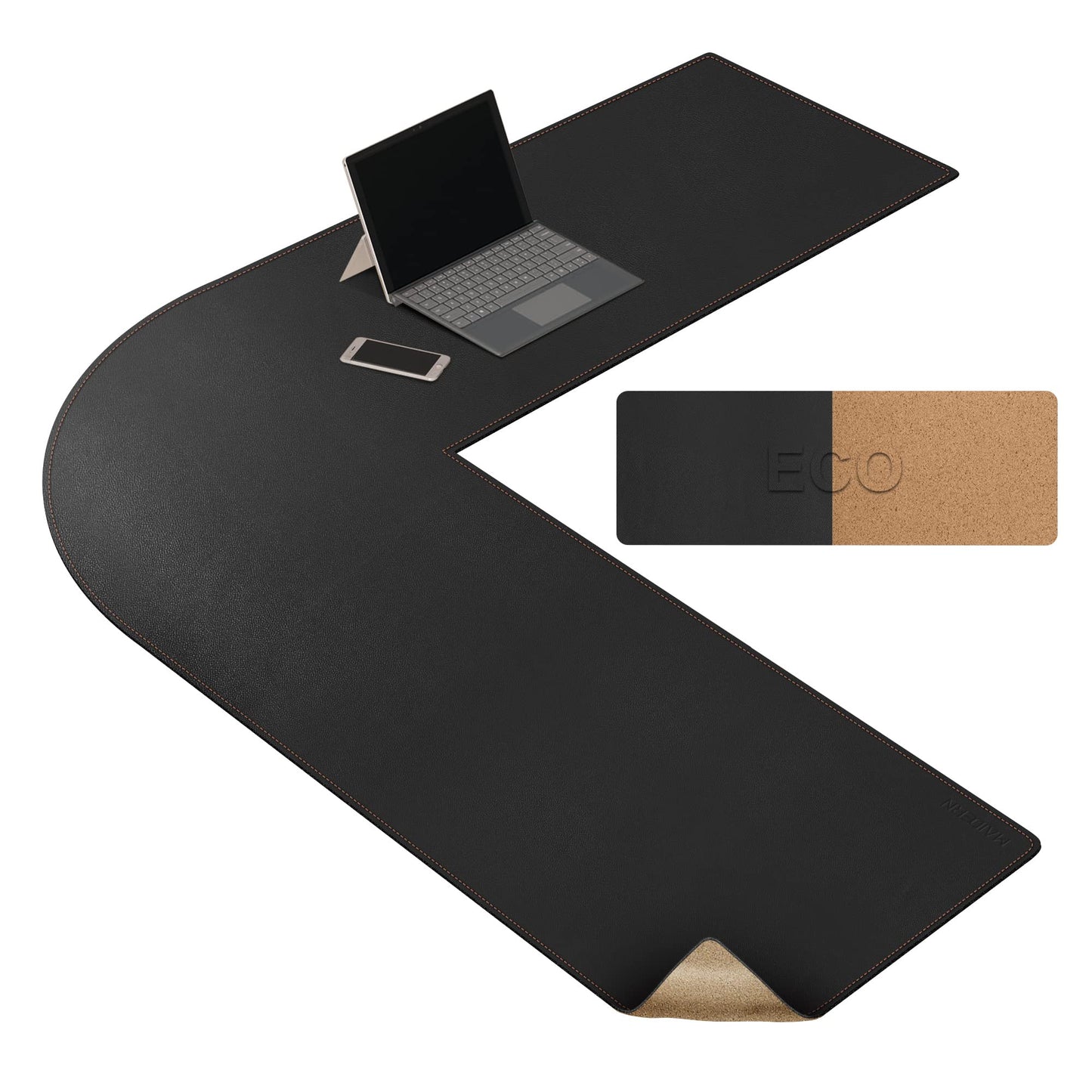 MAIDERN (47” + 47”) x 15.7” L Shaped Corner Desk Mat, Cork & Leather Reversible Desk Pad for Gaming Computer Office Home (Black)