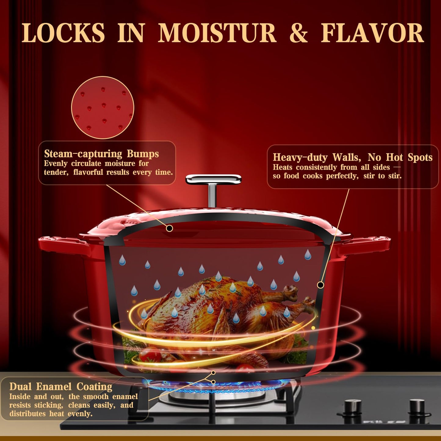 DUTZUN Enameled Cast Iron Dutch Oven - 5 Quart, Exclusive Designed Crab Lid (Patent Pending), Oversized Knob, for Bread Baking Braiser, Cooking Stock Pot - Red