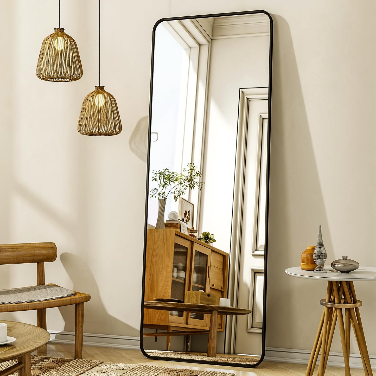 XRAMFY 56"x21" Floor Full Length Mirror Standing Full Body Rounded Corner Rectangle Mirrors with Stand Hanging Wall Mounted Leaning Bedroom Living Room Bedroom Cloakroom,Black