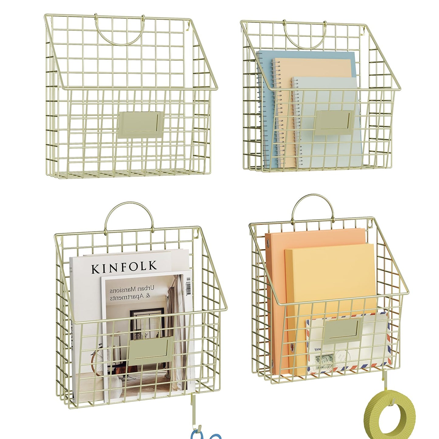 Yuzehuaza Wall File Organizer Mesh Hanging Wall Files Holder,Magazine Rack and Mail Basket with Hooks, Office Wall Organizer for Papers Folders Files Clipboard 4 Packs, Gold(Patent Pending)