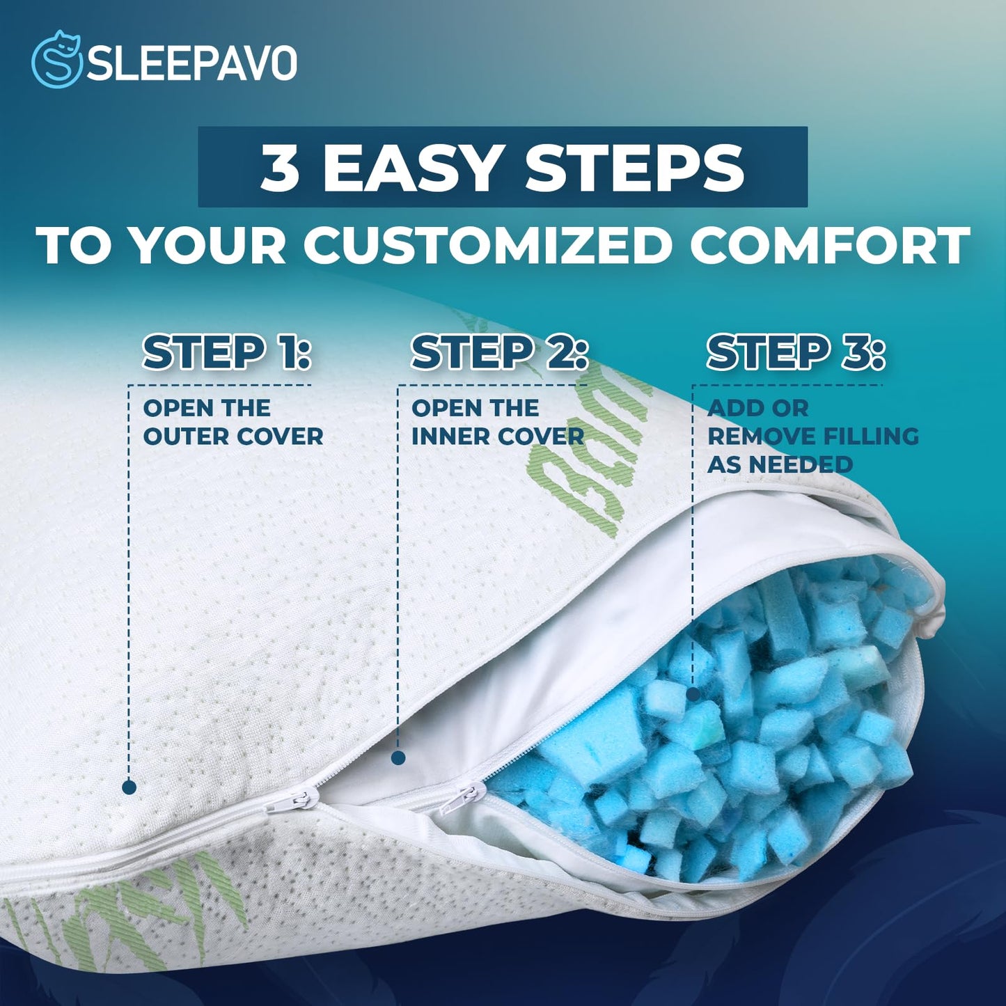 Sleepavo Adjustable Cooling Pillows Queen Size Set of 2 Pack - Extra Soft Shredded Memory Foam Best Pillows for Sleeping - Back, Stomach, Side Sleeper Pillow Medium Firm - Rayon Derived from Bamboo
