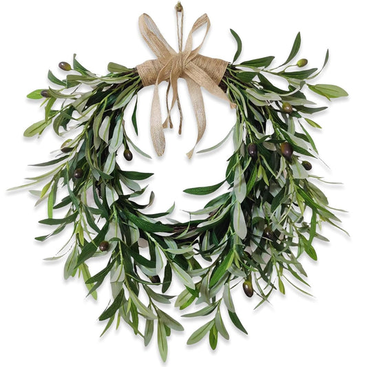 22" Heart Shaped Artificial Olive Leaf & Fruit Wreath - Realistic Green Olive Branches with Spring Floral Accents, Farmhouse Wall Door Wedding Arch Window Hanging for Indoor Outdoor Garden Decor (1)