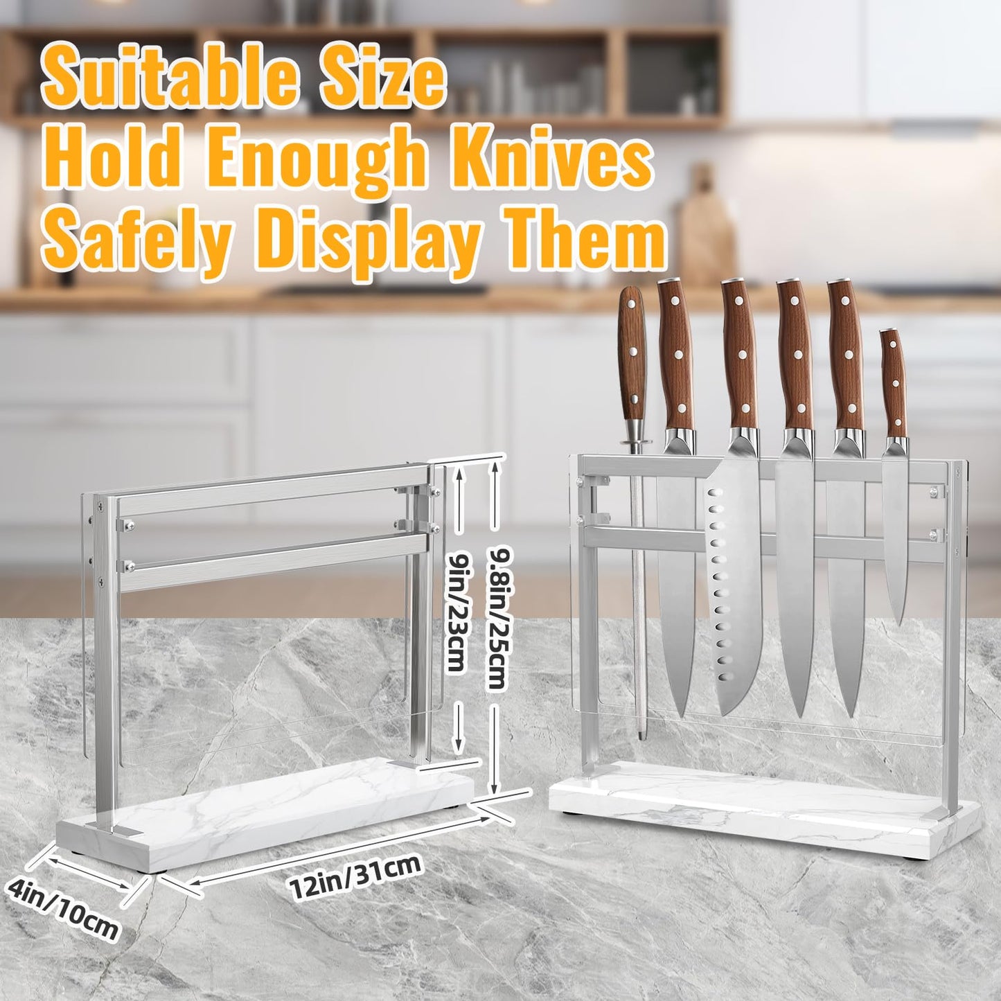 Magnetic Knife Stand Block with Marble Base, Double-sided Stainless Steel Magnets for Countertop with Acrylic Shield, Magnetic Knife Holder for Kitchen Storage, 12 IN, White