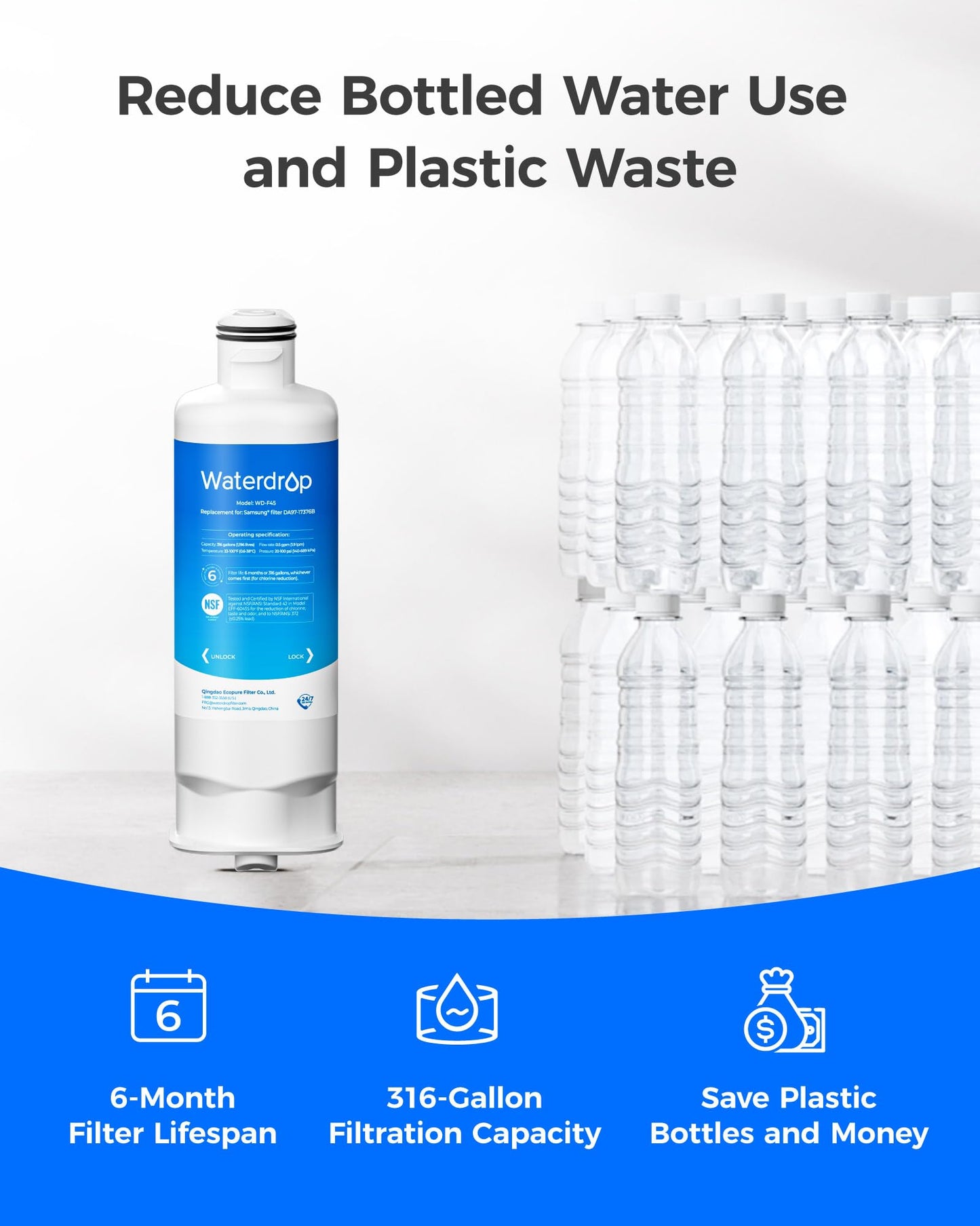 Waterdrop WD-F45 Replacement for Samsung® DA97-17376B, HAF-QIN/EXP, DA97-08006C, RF28R7201SR, RF28R7351SG, Refrigerator Water Filter, 4 Filters