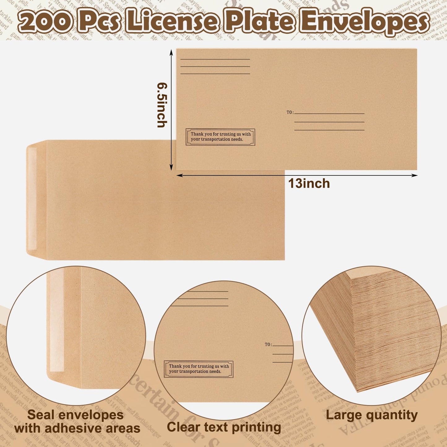 Feifeiya 200 Pcs License Plate Envelopes 13 x 6.5 Inch Brown Kraft Mailing Envelopes for License Plate Pictures Business Documents Invitation Cards (Classic)