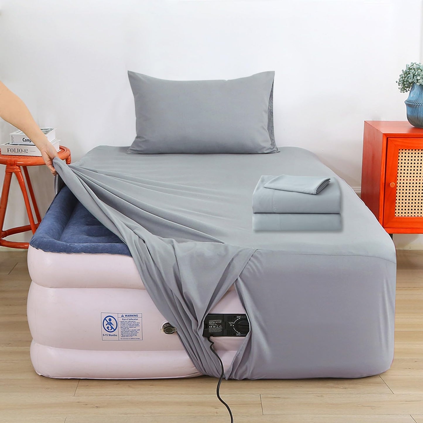 Air Mattress Sheet Set Twin Size,3 Piece Deep Pocket Bed Sheet Set for 16-24 Inch Air Bed,Easy Inflate Access,Perfect for Guest Room, RV, Camping,Gray