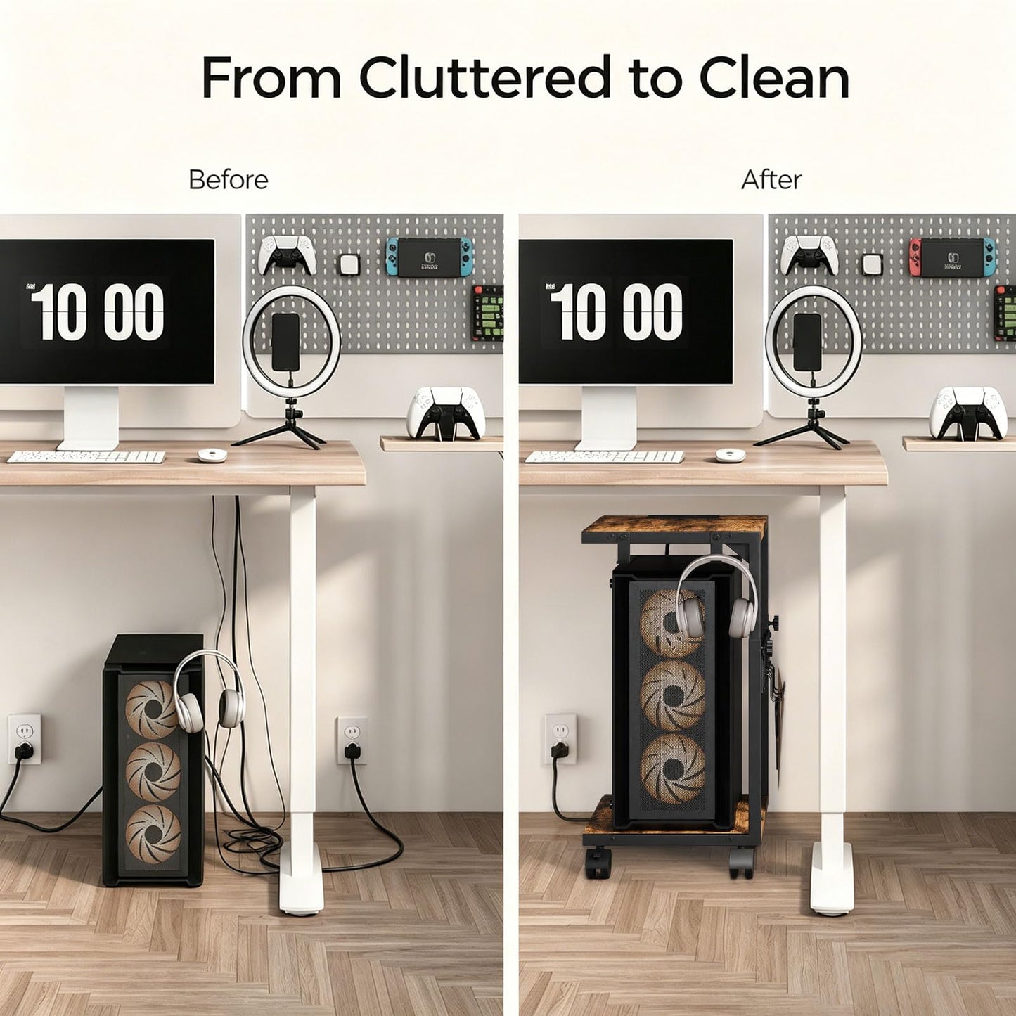 ZIIWIND PC Stand with Charging Station, Height Adjustable Computer Tower Stand, 19.7"-31.5" H, Computer Cart with Wheels and Hooks, CPU Holder for Floor, Carpet and Under Desk, Rustic Brown