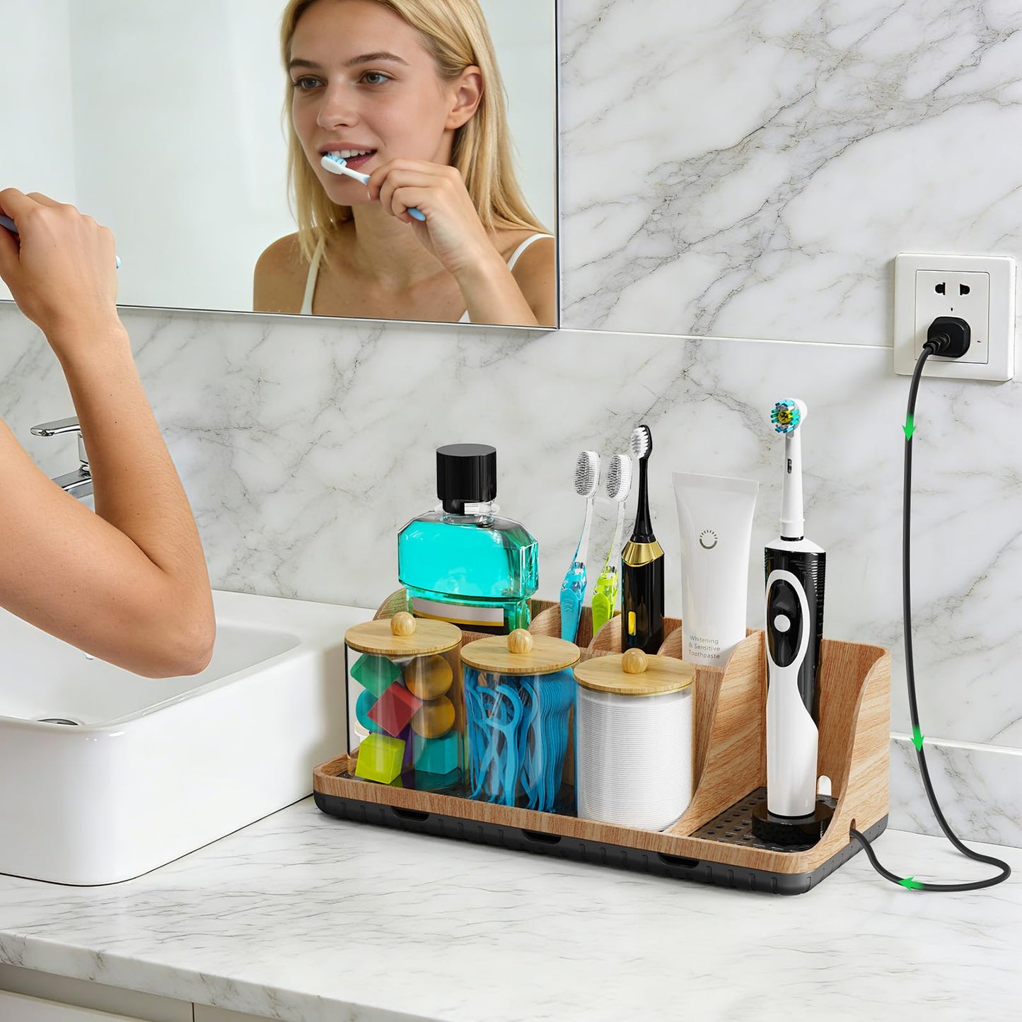 PARKMANI Bathroom Counter Organizer, Bathrooms Toothbrush Holder Set with 3 PCS Qtip Holder, Kids Electric Toothbrush and Toothpaste Holder Organizer Drainage for Bathroom Accessories (Wood Grain)