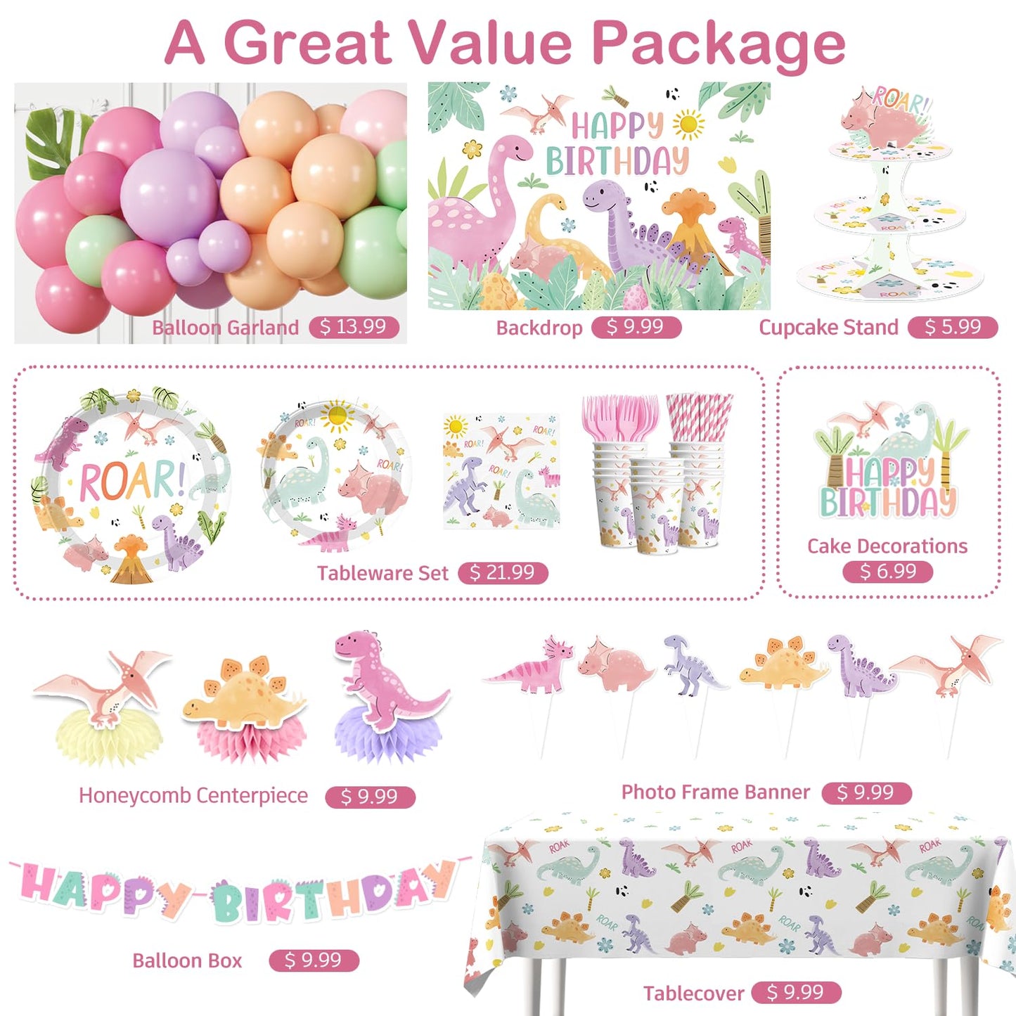 Fexivo 293pcs Pink Dinosaur Birthday Decorations for Girl, Worry-free One-stop Set for 25 Guests, with Dinosaur Balloon Arch, Plates and Dino Cupcake Stand, Easy Setup for Dinosaur-Themed Party