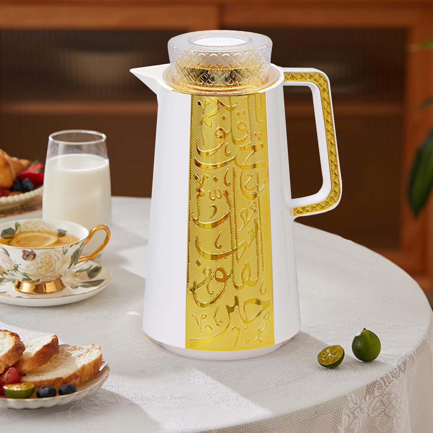 Arabic and Turkish Style Insulated Coffee Carafe,33 oz,Vacuum Thermal Bottle Flask Teapot,Keeping Hot/Cold,Tea, Water, and Coffee Dispenser,Push Button Lid,Housewarming Ornaments (White and Gold)