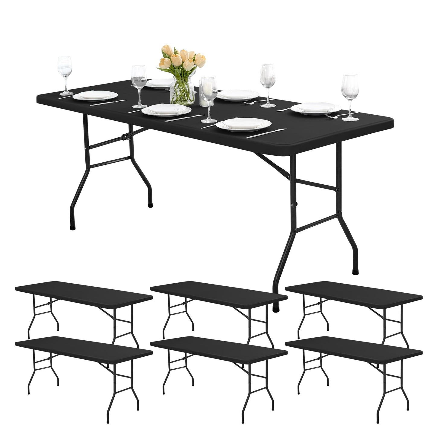 RichSets 6ft Fitted Tablecloth Rectangle - 6 Pack Outdoor Picnic Table Covers with Elastic, Washable Folding Table Protector for Party Banquet Graduation, 30x72 Inch, Black