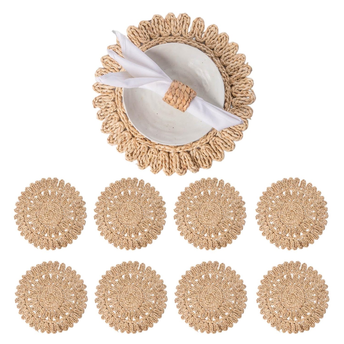 Laquedecraft 13.8" Set of 8 Round Corn Husk Placemats | Boho Woven Rattan Table Mats | Farmhouse Wicker Spring Plate Chargers Like Water Hyacinth, Seagrass for Wedding, Party, Christmas, Events