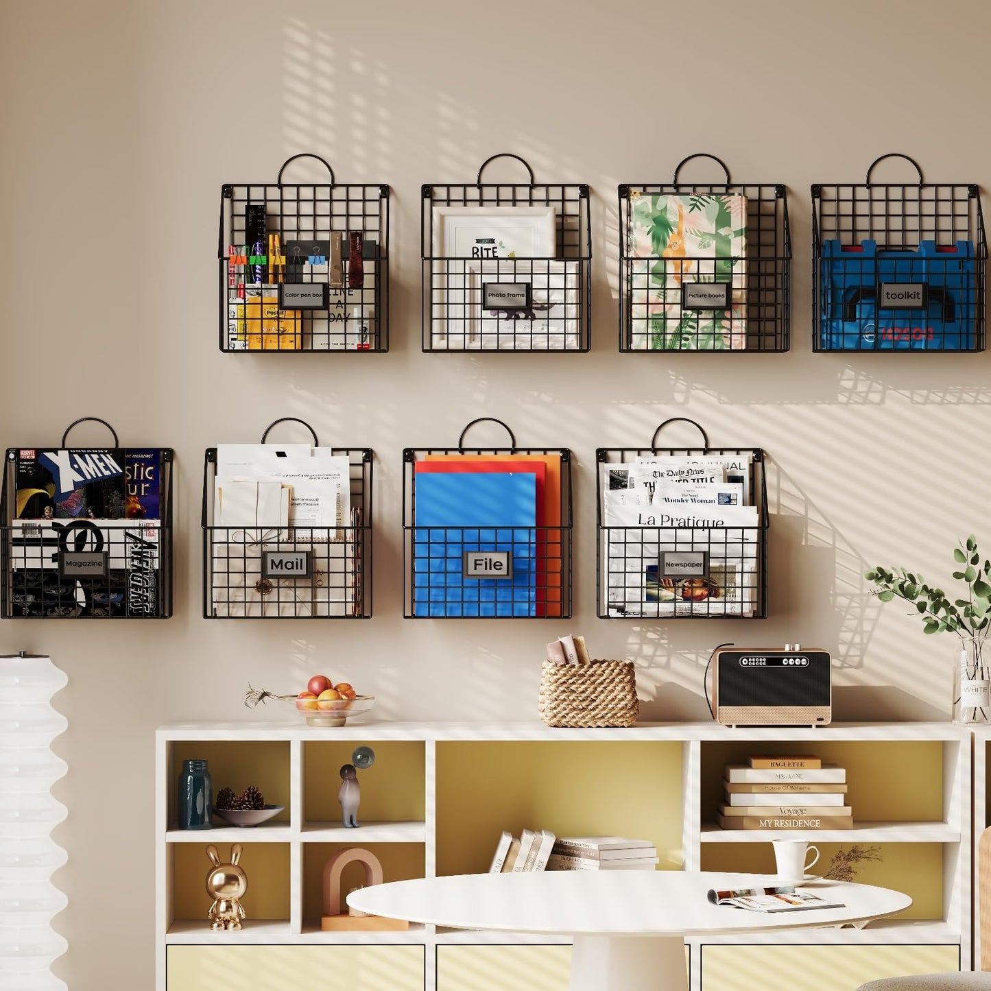 Yuzehuaza Hanging Wall File Holder Organizer Metal Wall Mount File Folders Holder Magazine Rack with Handles and Hooks , for Home Office, 4 Packs, Black (Patent Pending)