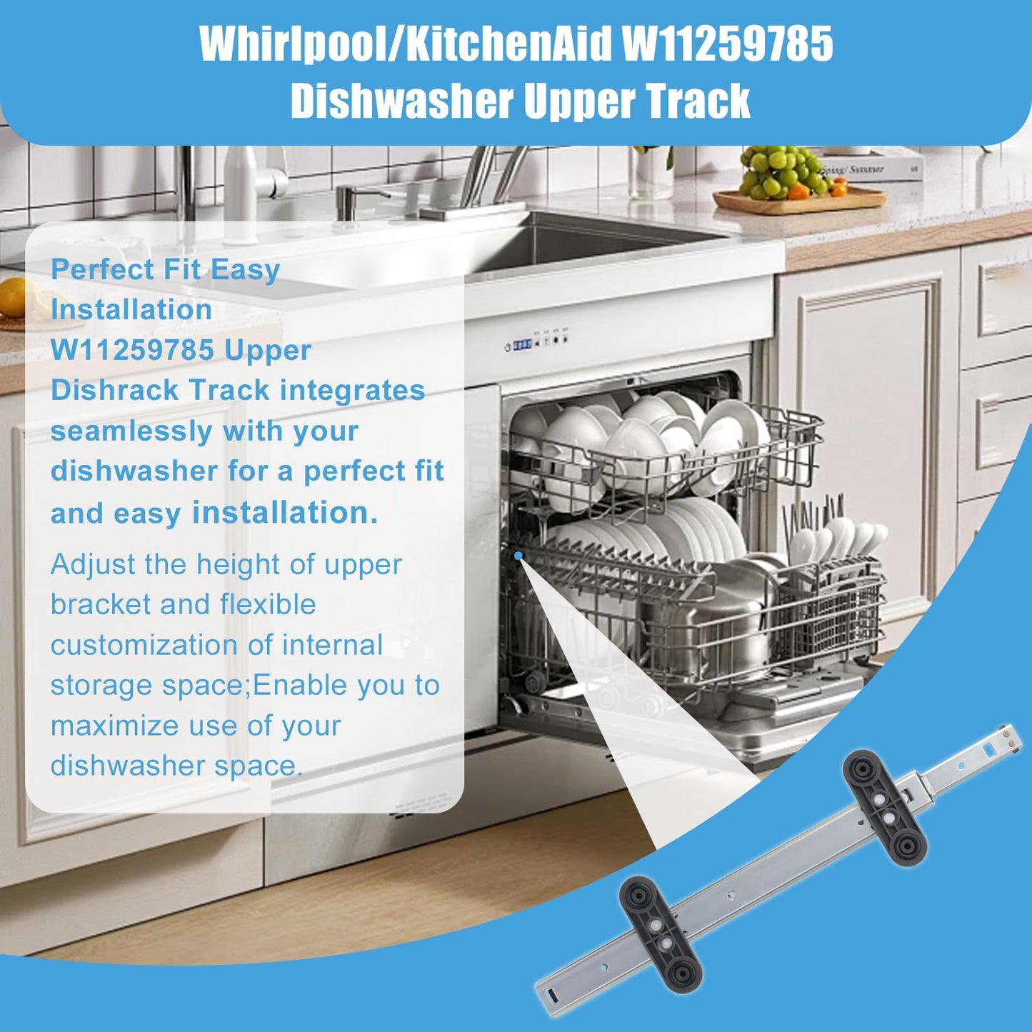 W11259785 Dishwasher Upper Dishrack Slide Track (Left Side) – Heavy Duty Stainless Steel Rail Compatible with Whirlpool KitchenAid Maytag Jenn-Air – Replaces W10311157 W11048934 AP6783992 WPW10546503
