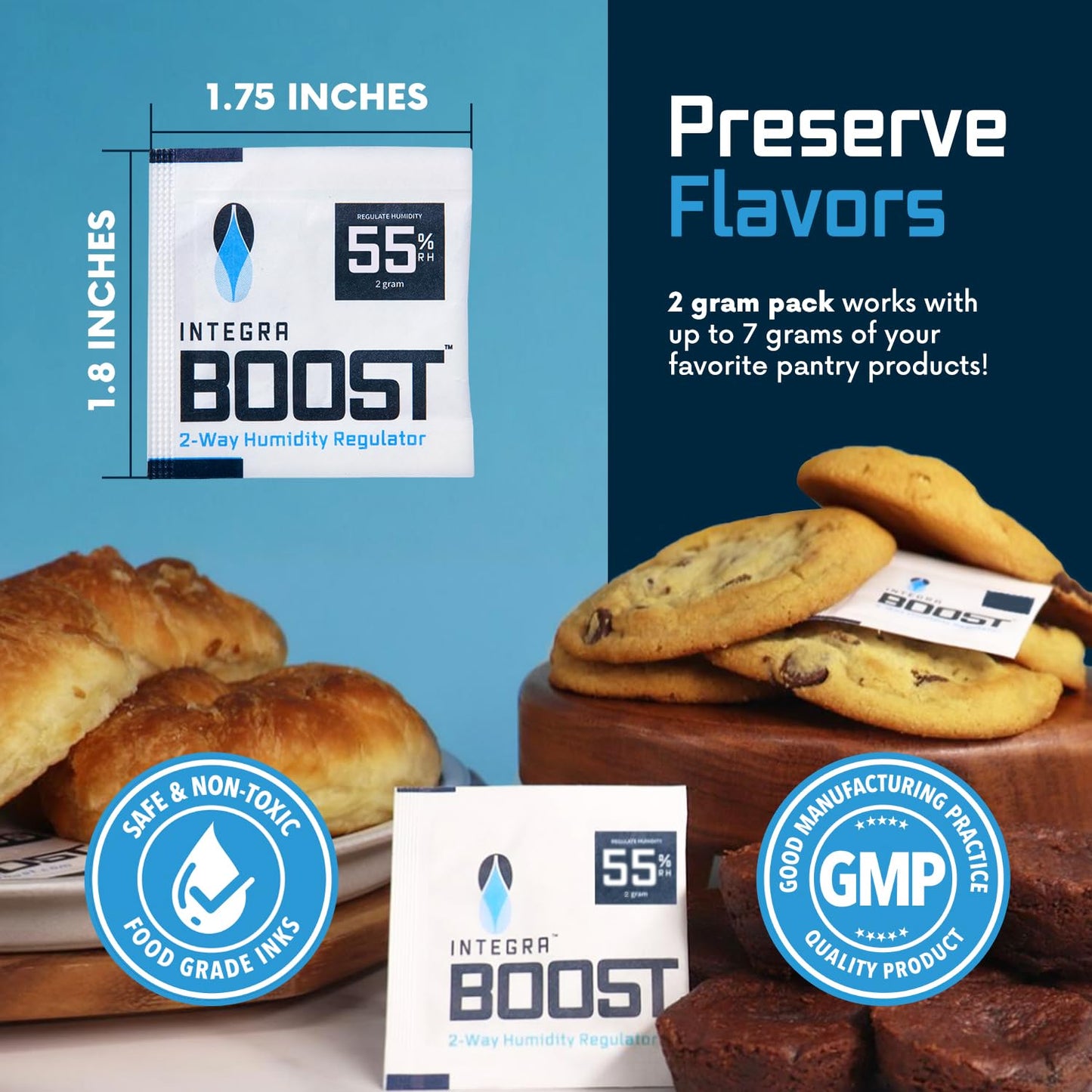 Integra Boost 2-Way Humidity Control Pack - Preserve Flavor & Control Humidity at 55% RH - Moisture Absorber for Herbs, Spices & More - 2 Gram (Pack of 50)
