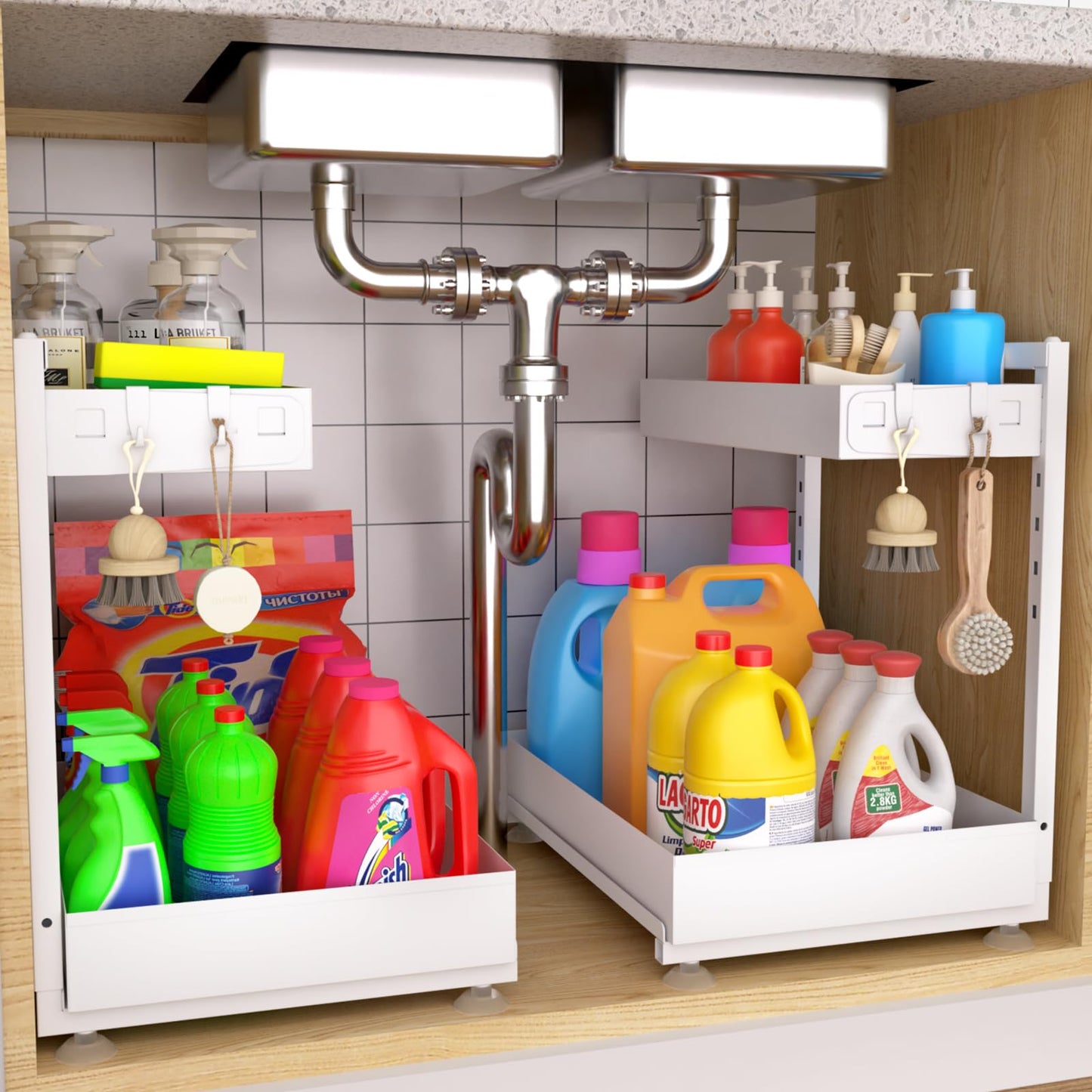 Kovryx Under Sink Organizer Bathroom Kitchen: 2 Pack 2 Tier Metal Under Cabinet Storage with Height-adjustable Shelf and Pull out Rack for Pantry Vanity Cupboard Counter Countertop, White