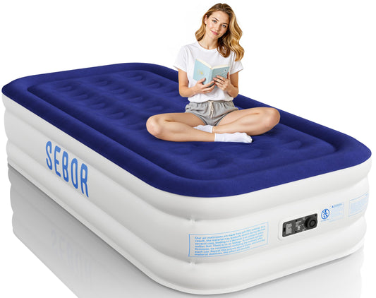 Sebor Air Mattress Twin with Built-in Pump 18", Comfortable Self-Inflating Air Mattress with High-Speed Pump, Durable Blow Up Mattress Twin with Storage Bag for Guests, Camping, Travel