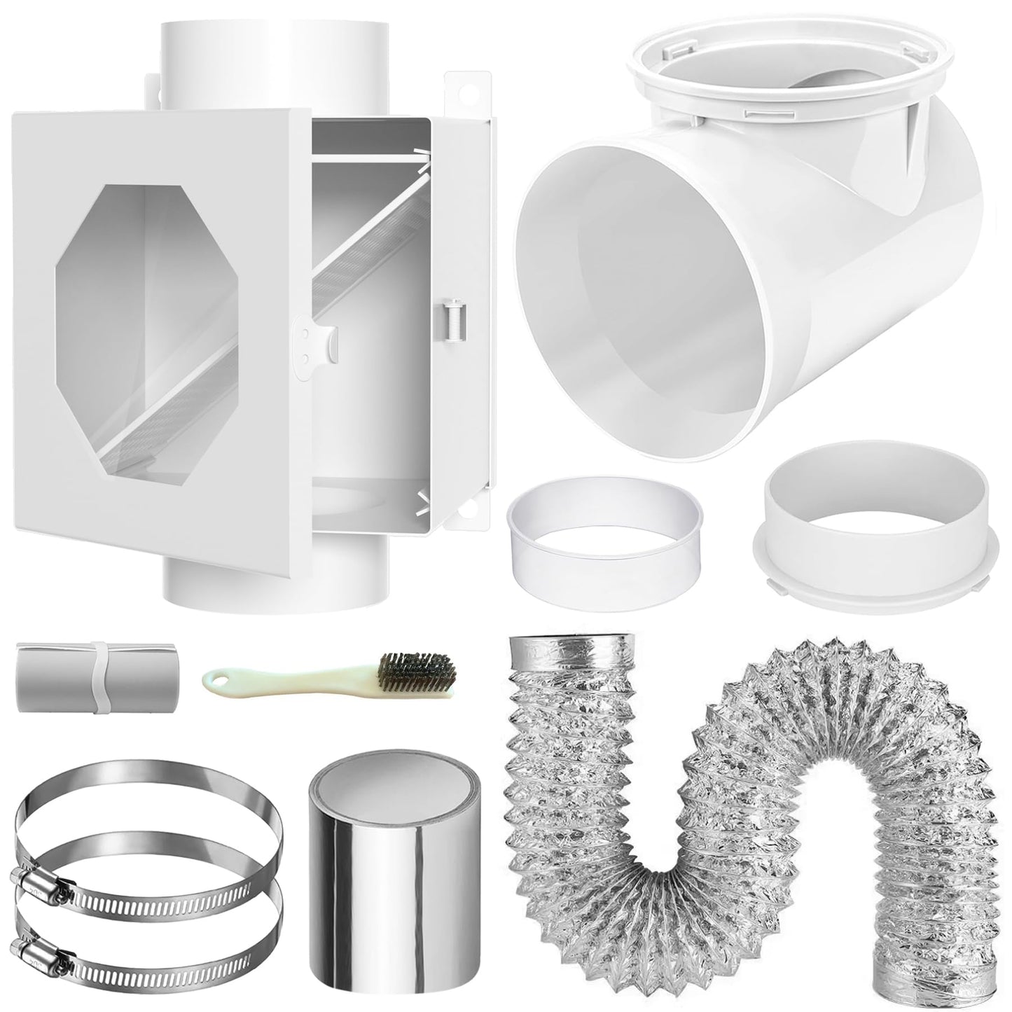 GTACASS Dryer Lint Trap, Metal Lint Catcher Box with 90 Degree Drye Vent Elbow, 4inch Hose & Clamps Cleaning Brush Filter Screens - Indoor Dryer Vent Connector Kit