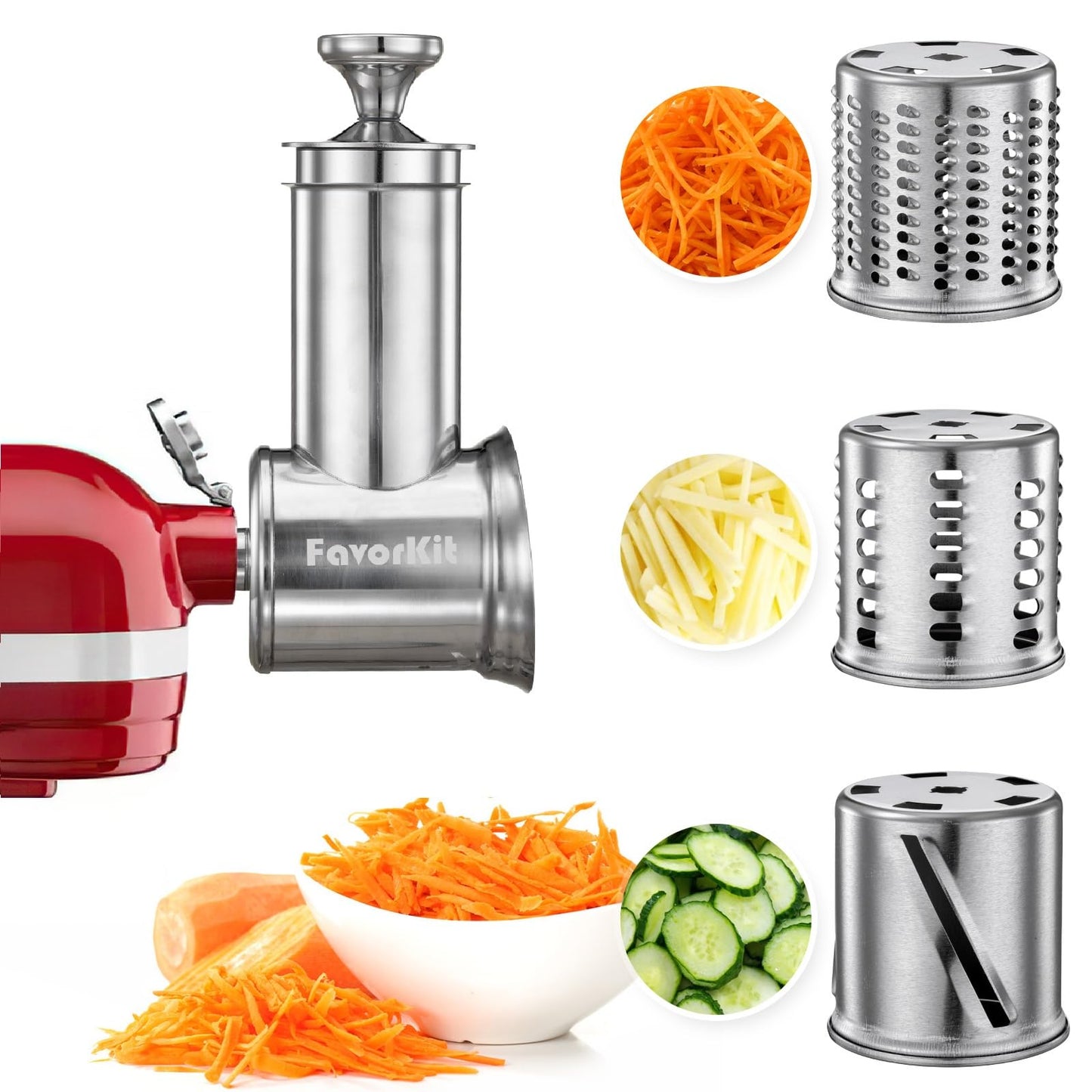 FavorKit Slicer Shredder Attachment for KitchenAid Mixers, Stainless Steel Cheese Grater Vegetable Salad Maker Accessories with 3 Cutting Blades,Dishwasher Safe!