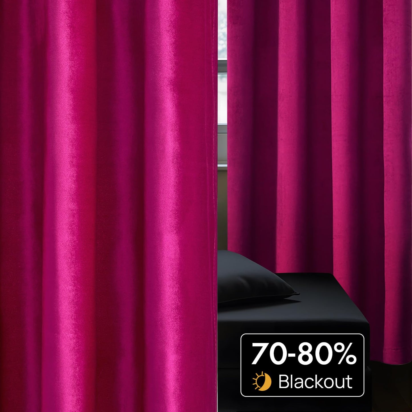 BULBUL Living Room Polyester Velvet Window Curtains 84 inch Length- 2 Panels Hot Pink Blackout Window Drapes Curtain Thermal Insulated Room Darkening Decor Grommet Curtains for Bedroom