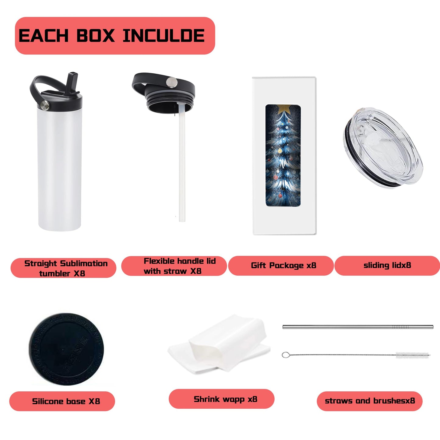 Stvyar 20oz sublimation sport tumblers blanks with two lids ，flat edge sublimation tumblers，double wall stainless steel insulted cup，for Heat Transfer, White (8, with flex handle lid)