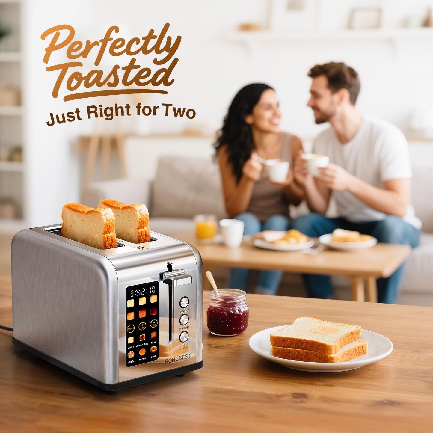 2 Slice Touch Screen Toaster with Wide Slots Stainless Steel Toasters for Family Breakfast, Even Toasting for Bagels & Bread, Reheat & Defrost, Easy Removable Crumb Tray, Silver
