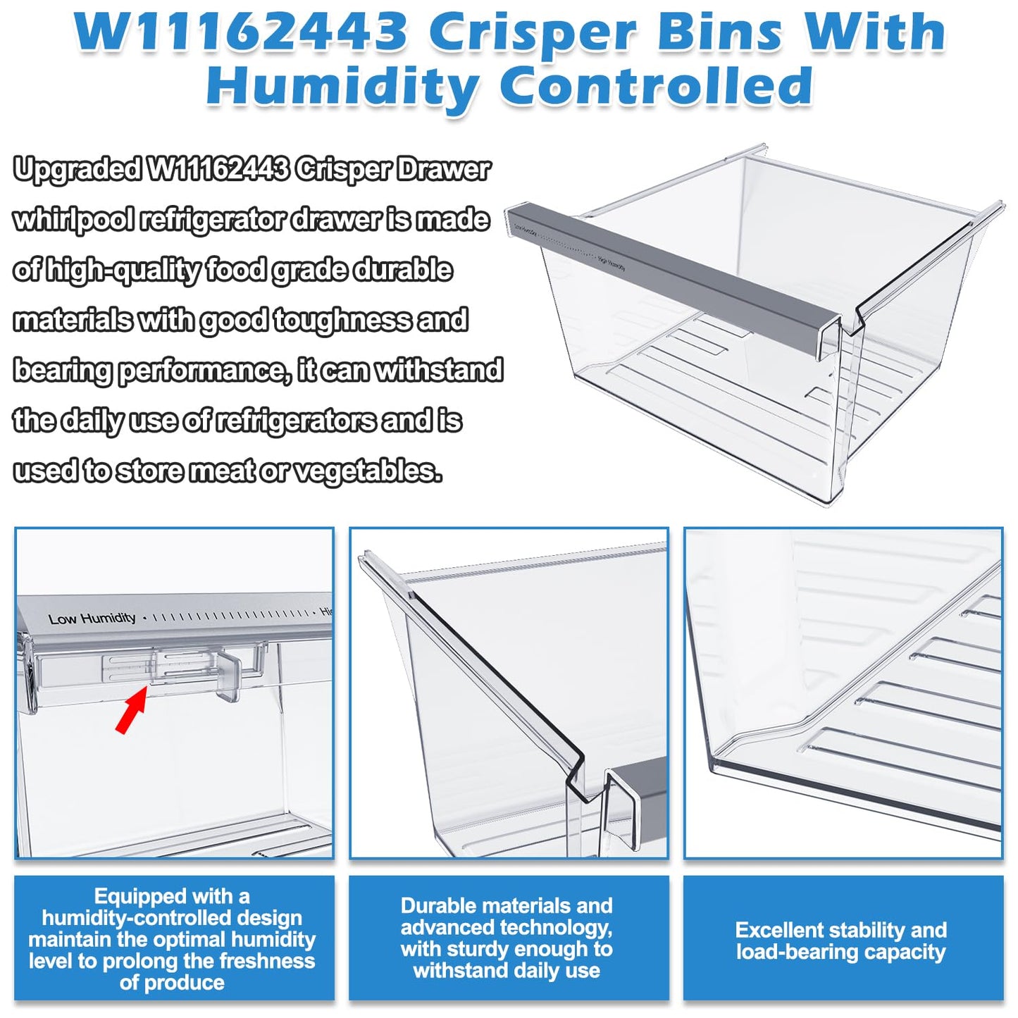 UPGRADED W11162443 Refrigerator Crisper Drawer For Whirlpool Crisper Drawer Replacement WRS325SDHZ WRS315SDHZ WRS315SDHM,Maytag Whirlpool WRS315SDHZ02 WRS315SDHZ05 WRS315SDHZ08 Fridge Drawer Parts