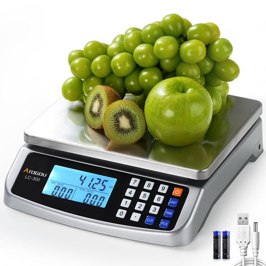 110lb Food Scale, Commercial Kitchen Scale with Price Computing, Plug-in Usable, 0.05oz/1g, 304 Stainless Steel, for Cooking, Vegetables, Farm, Industry, Counting. LC300 Silver
